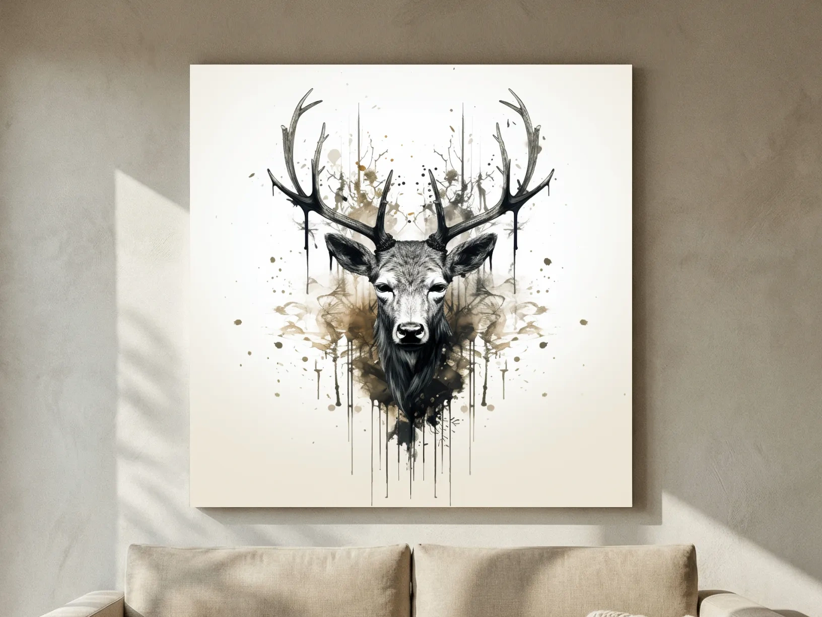 Watercolor Stag Portrait Rorschach Ink Splatter - Rustic Wildlife Artwork