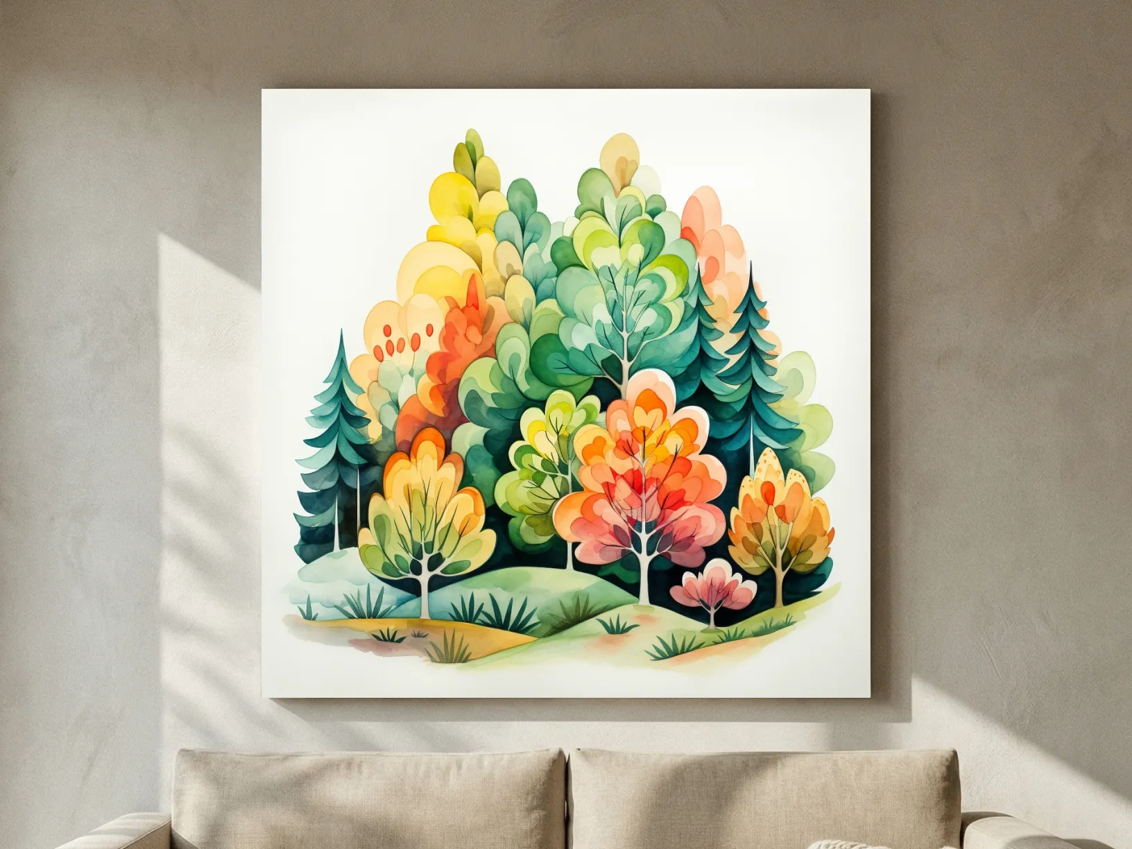 Whimsical Watercolor Forest Trees Illustration - Colorful Botanical Wall Art