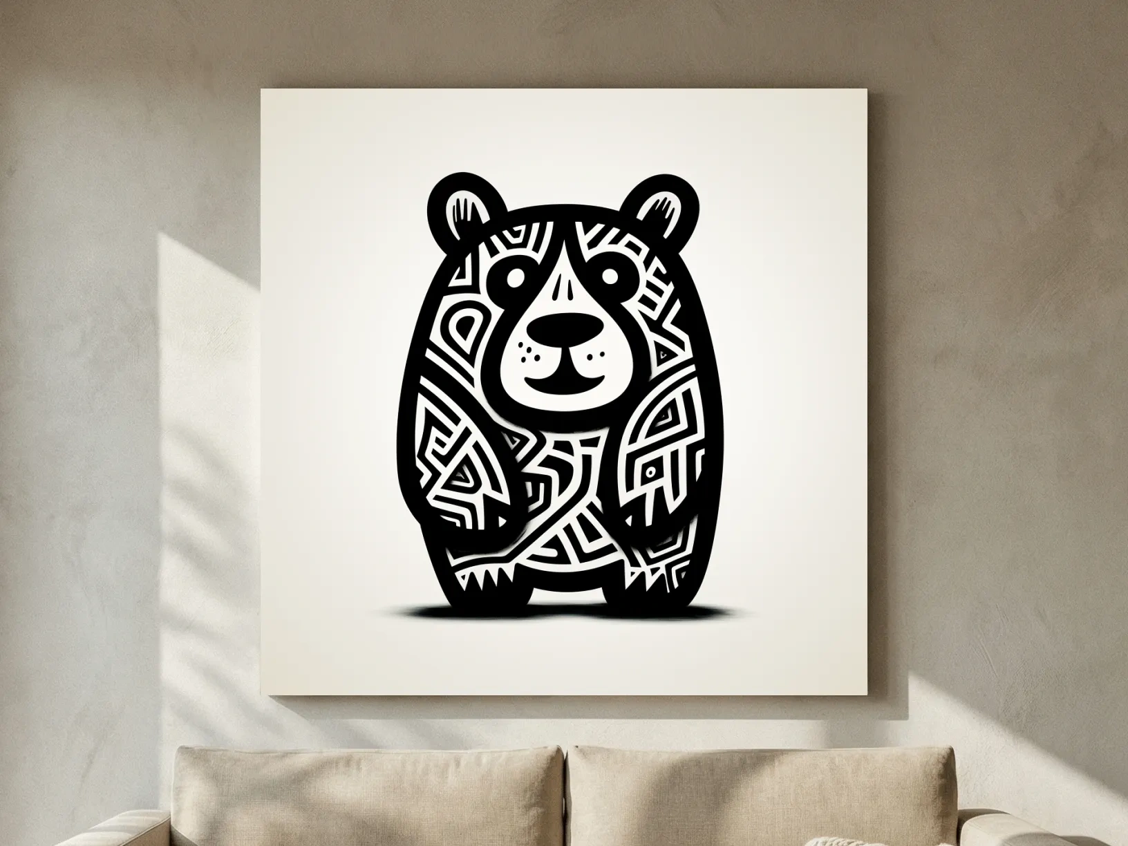 Tribal Cartoon Bear Illustration - Minimalist Black And White Wildlife Wall Art