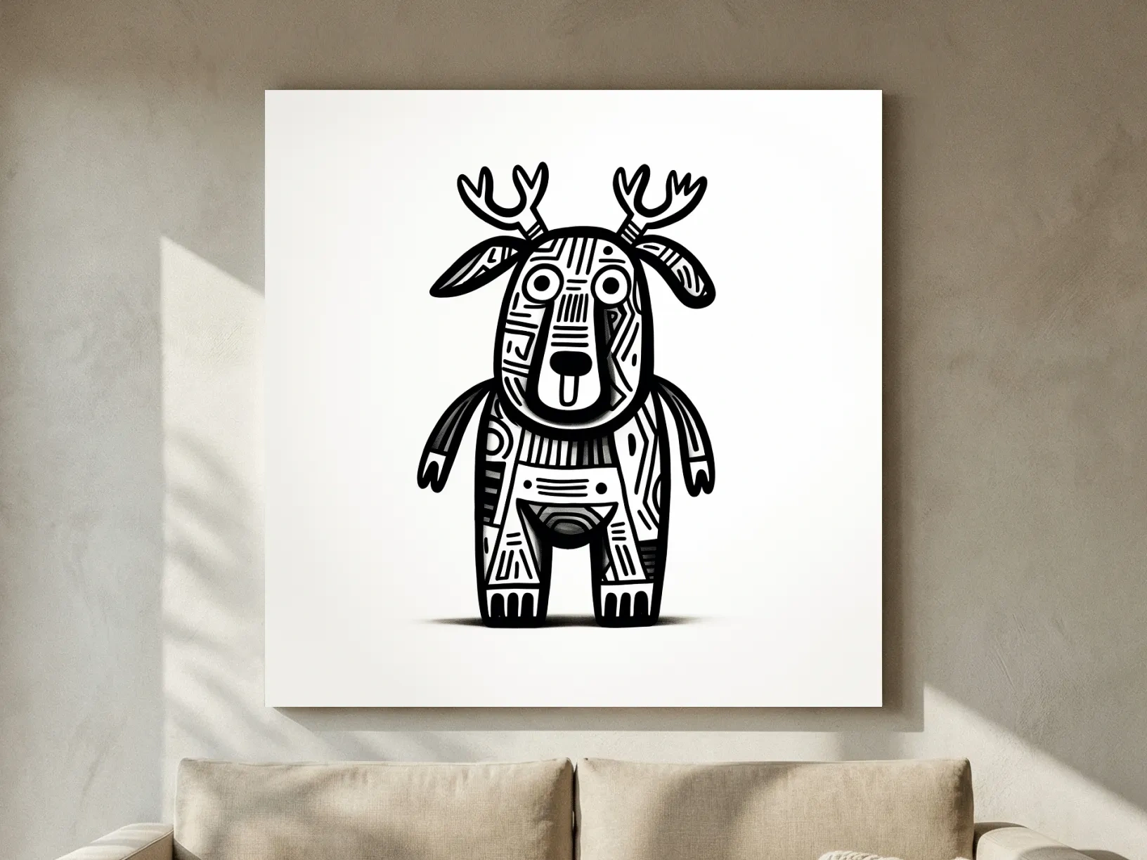 Whimsical Tribal Deer Illustration - Quirky Black And White Animal Wall Art