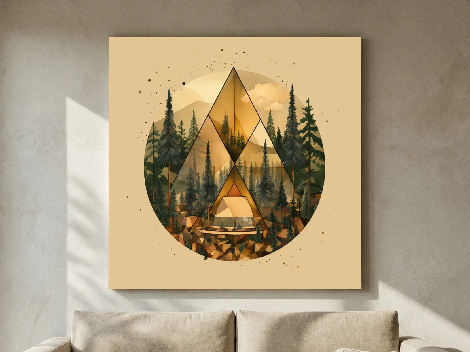 Geometric Mountain Cabin Forest Landscape - Modern Abstract Nature Wall Art