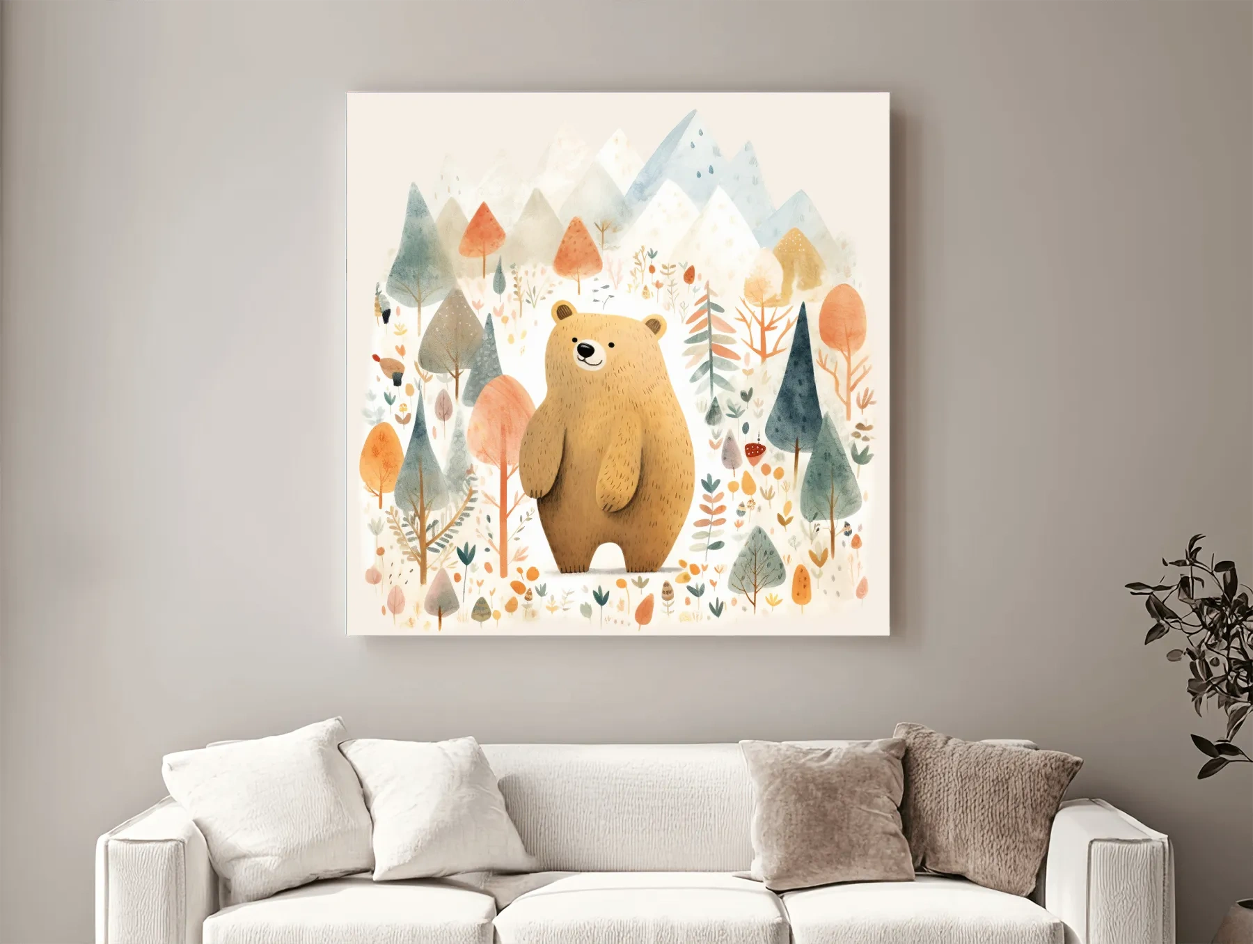 Cute Watercolor Bear In Mountain Forest - Whimsical Nursery Wall Art
