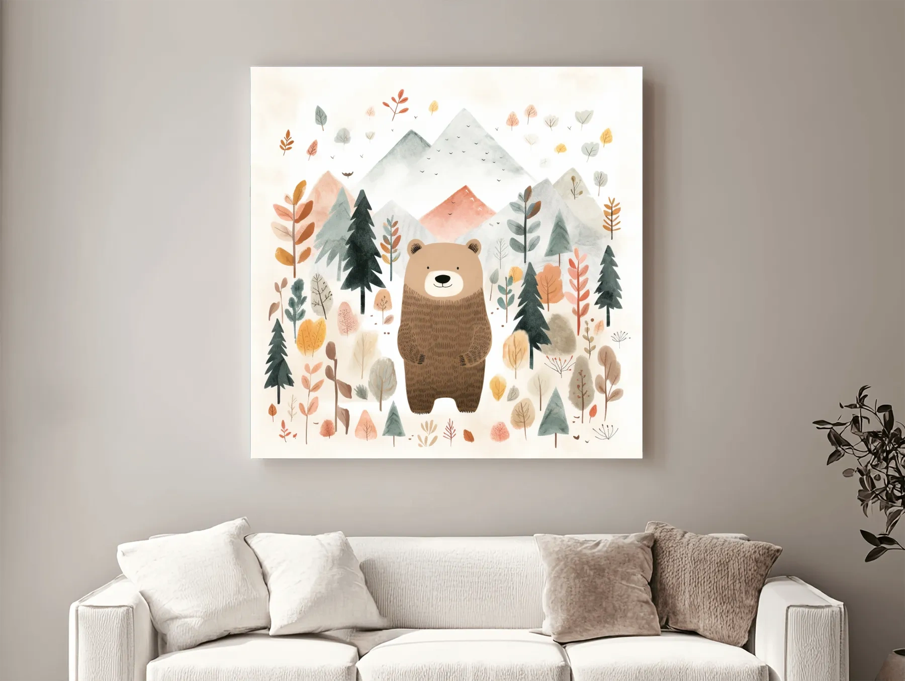 Cute Watercolor Bear Bear In Forest - Whimsical Mountain Nursery Wall Art