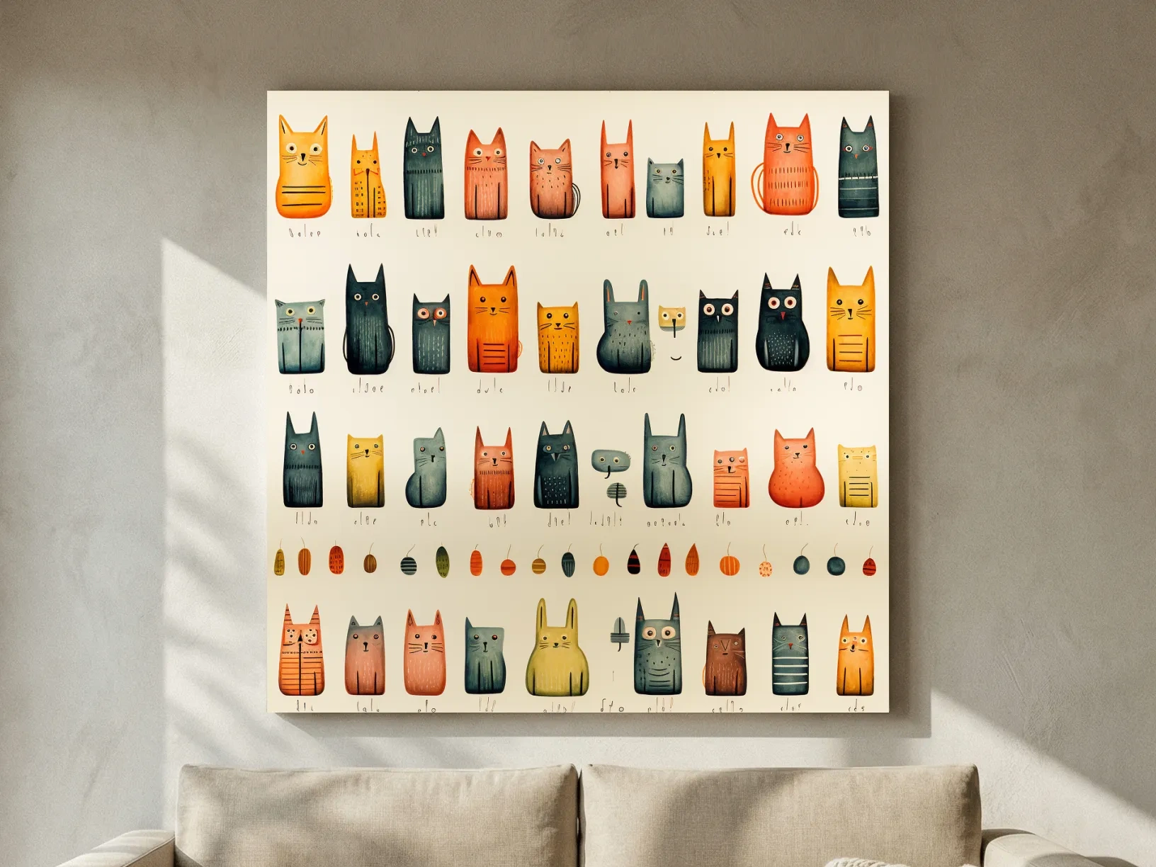 Whimsical Mid Century Cat Pattern Illustration - Colorful Nursery Wall Art