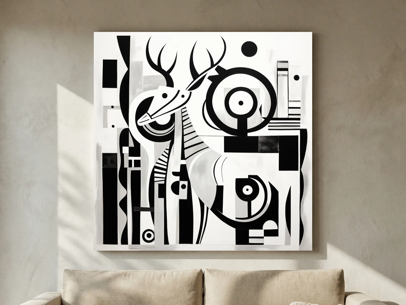 Abstract Geometric Deer Artwork - Mid-Century Black And White Animal Wall Art