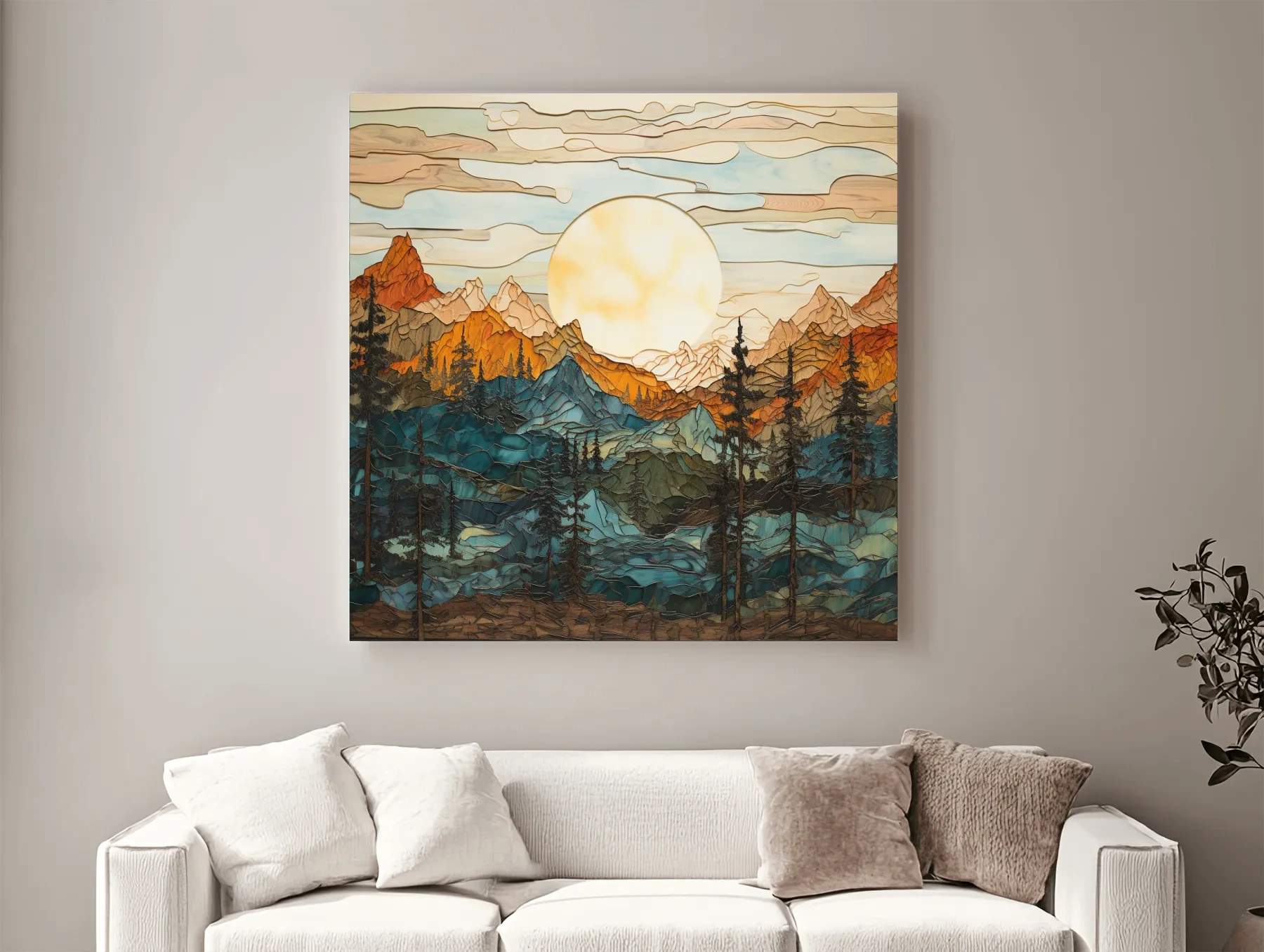 Stained Glass Mountain Sunset Landscape - Colorful Mosaic Forest Wall Art