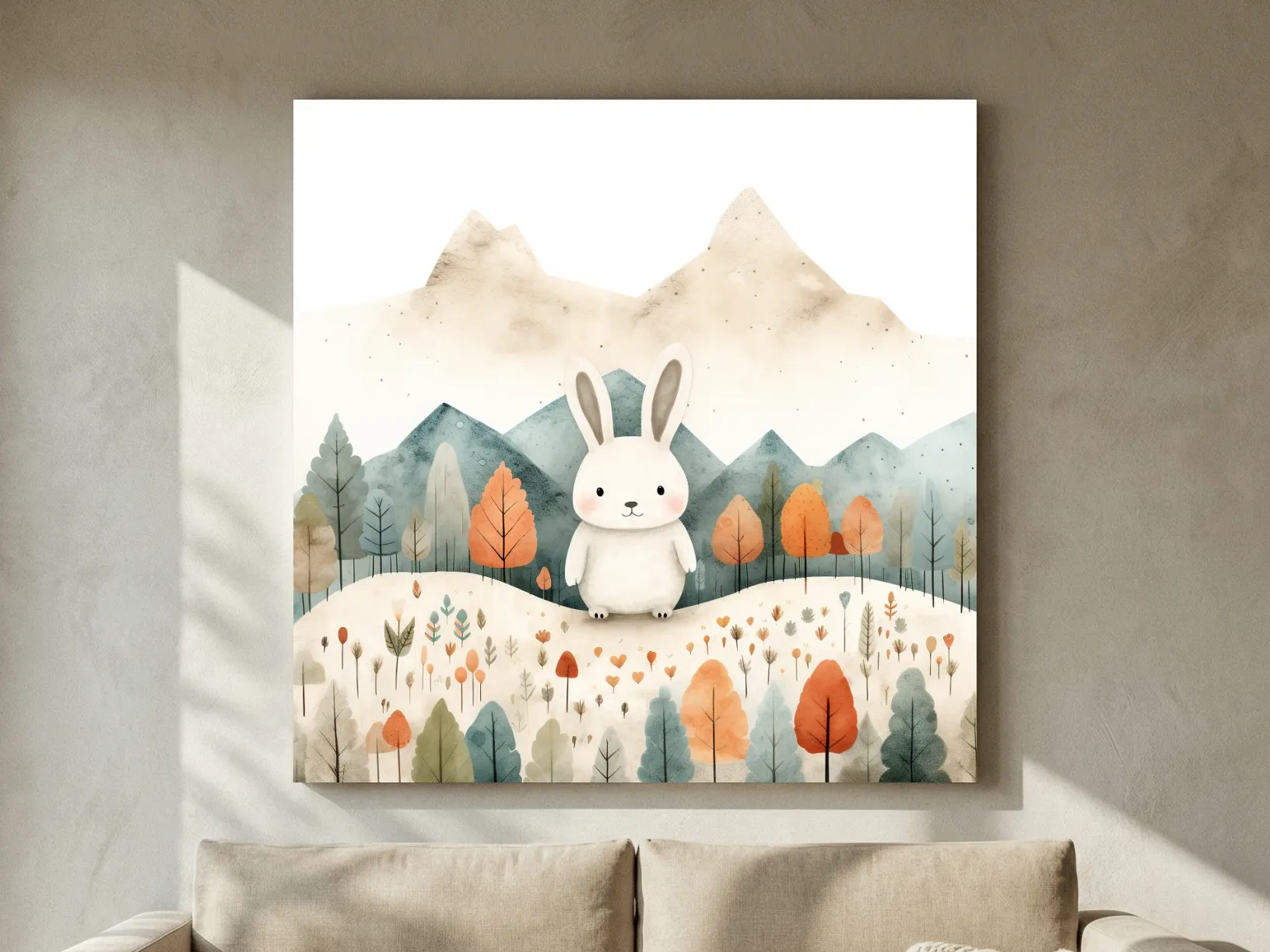 Cute Watercolor Bunny In Mountain Forest - Whimsical Nursery Woodland Wall Art