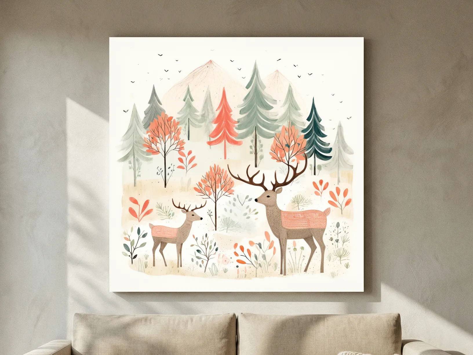 Whimsical Watercolor Deer Forest Storybook Scene - Scandinavian Woodland Nursery Wall Art