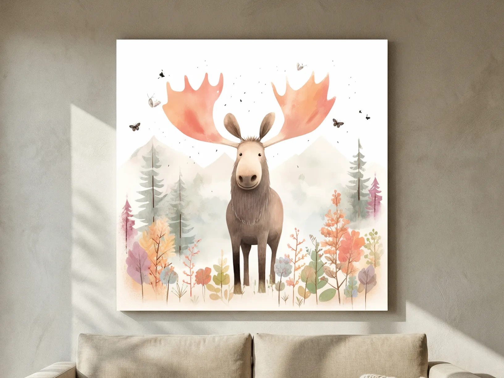 Whimsical Watercolor Moose In Pastel Forest - Storybook Nursery Animal Wall Art