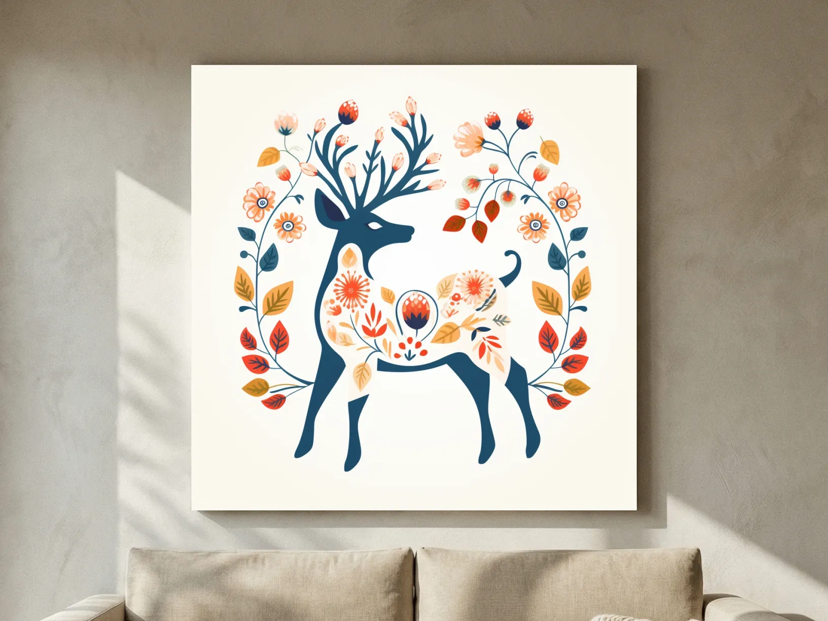 Folk Art Floral Deer Silhouette - Scandinavian Woodland Wall Art