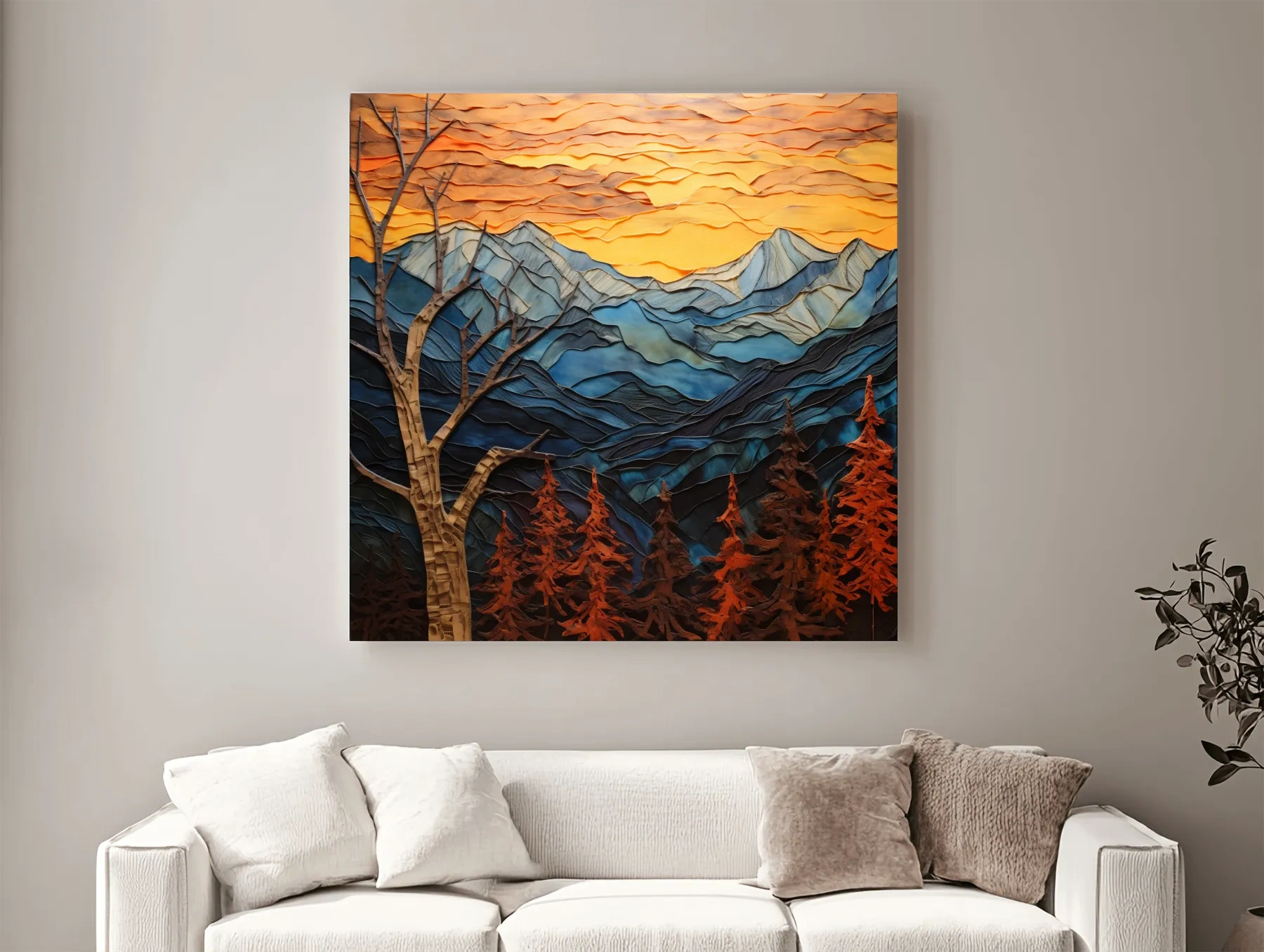 Layered Paper Cut Alpine Mountain Sunset - Mixed Media 3D Landscape Wall Art