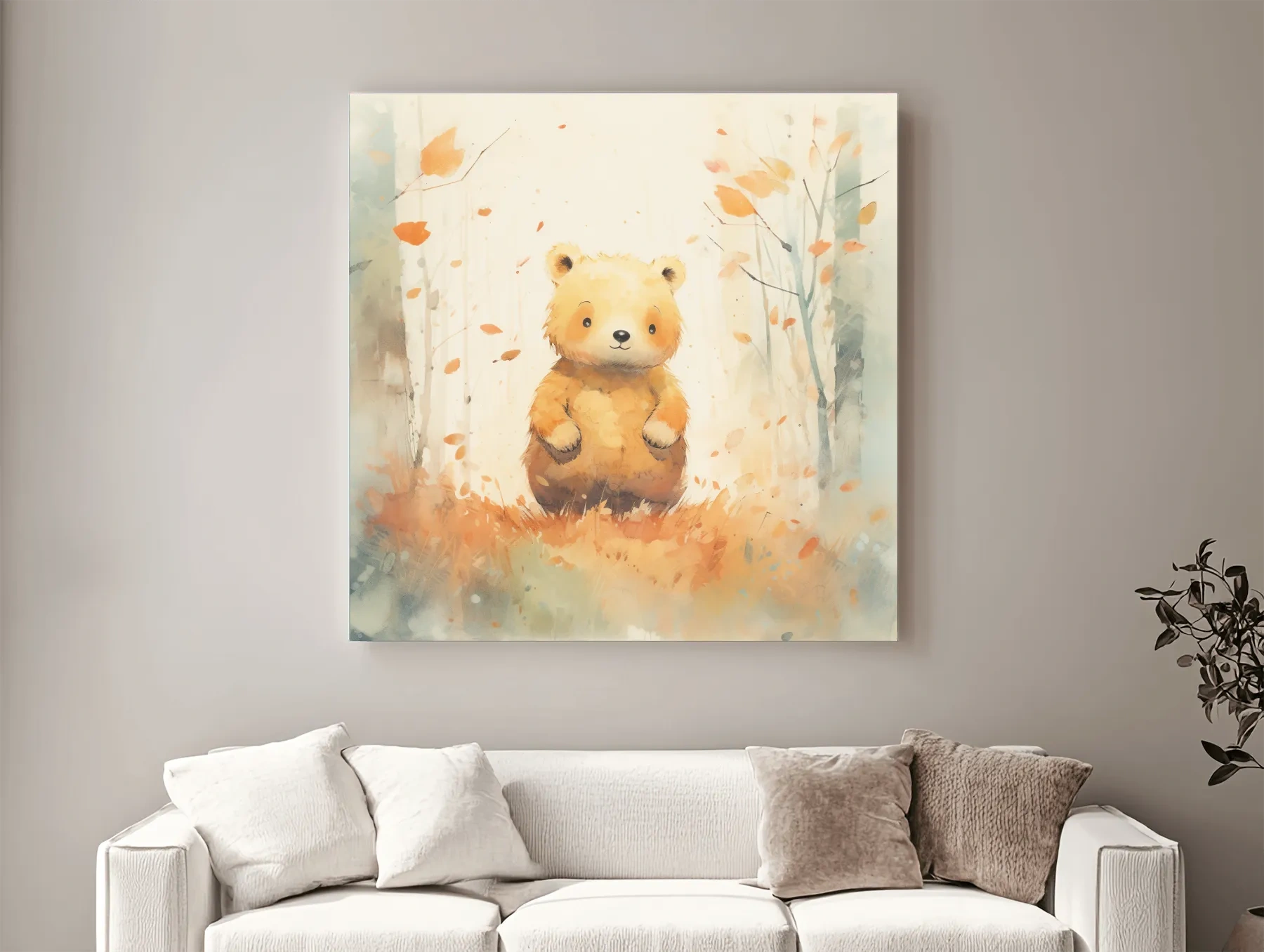 Cute Watercolor Bear Cub In Autumn Forest - Whimsical Nursery Animal Wall Art