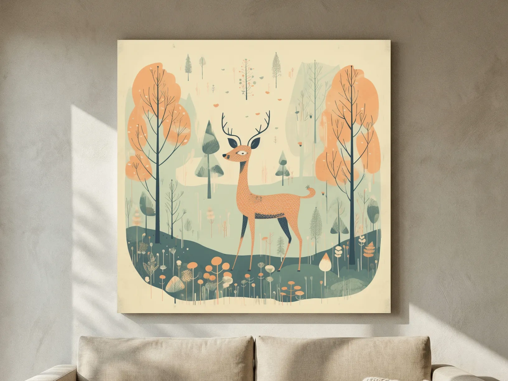 Whimsical Deer in Pastel Forest Illustration - Folk Art Woodland Nursery Wall Art