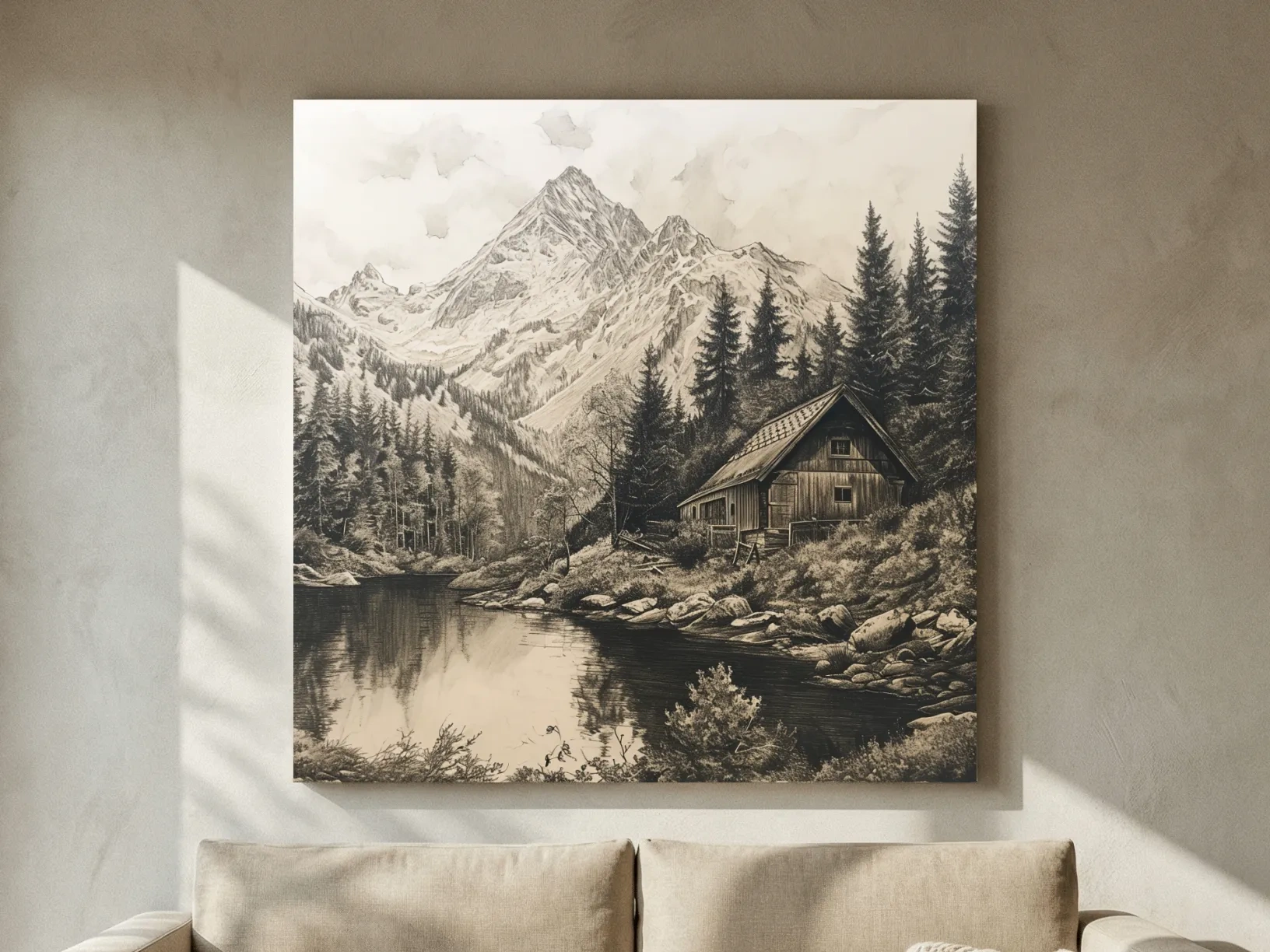 Vintage Sepia Mountain Cabin Lake Scene - Rustic Alpine Forest Landscape Art