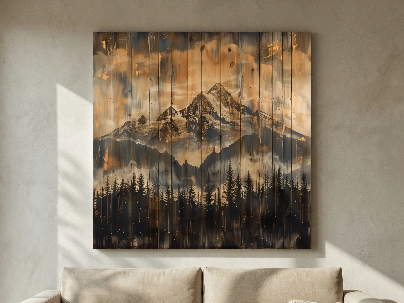 Rustic Mountain Range Over Pine Forest - Vintage Wood Panel Style Landscape Artwork