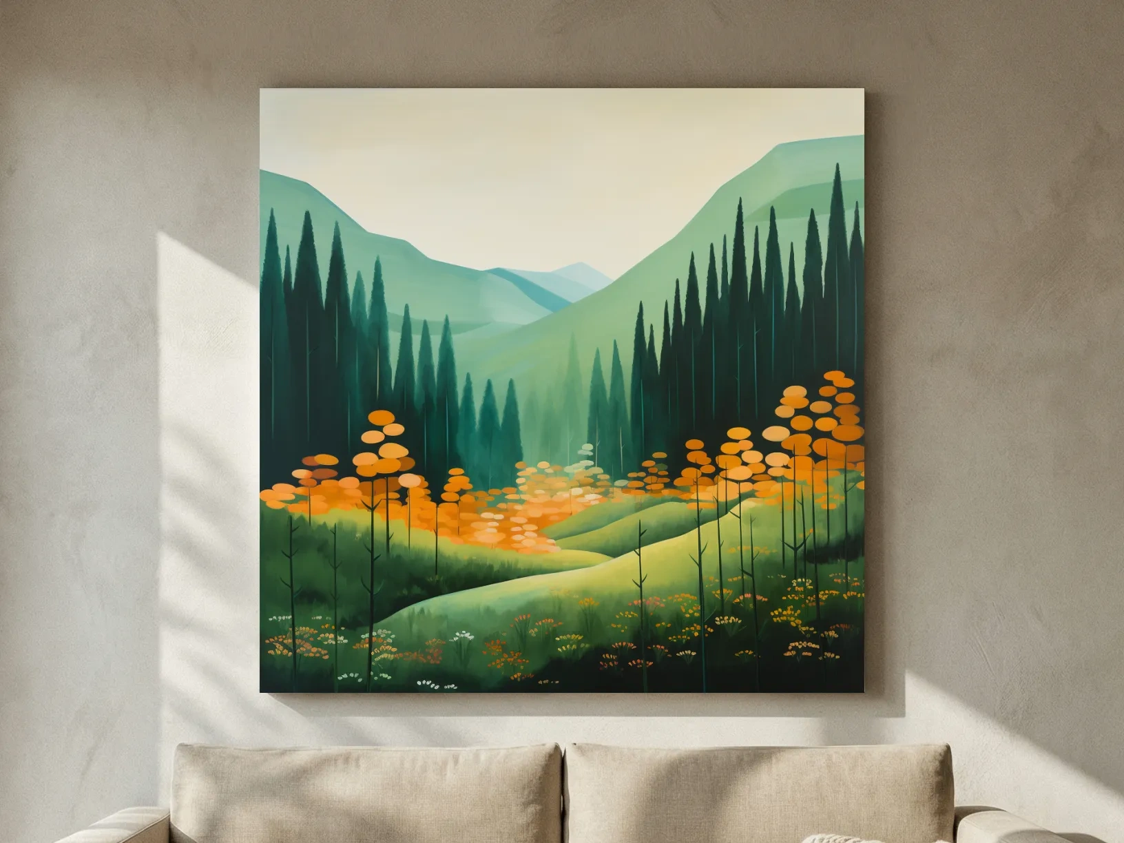 Serene Alpine Valley Pine Forest - Autumn Mountain Landscape Wall Art