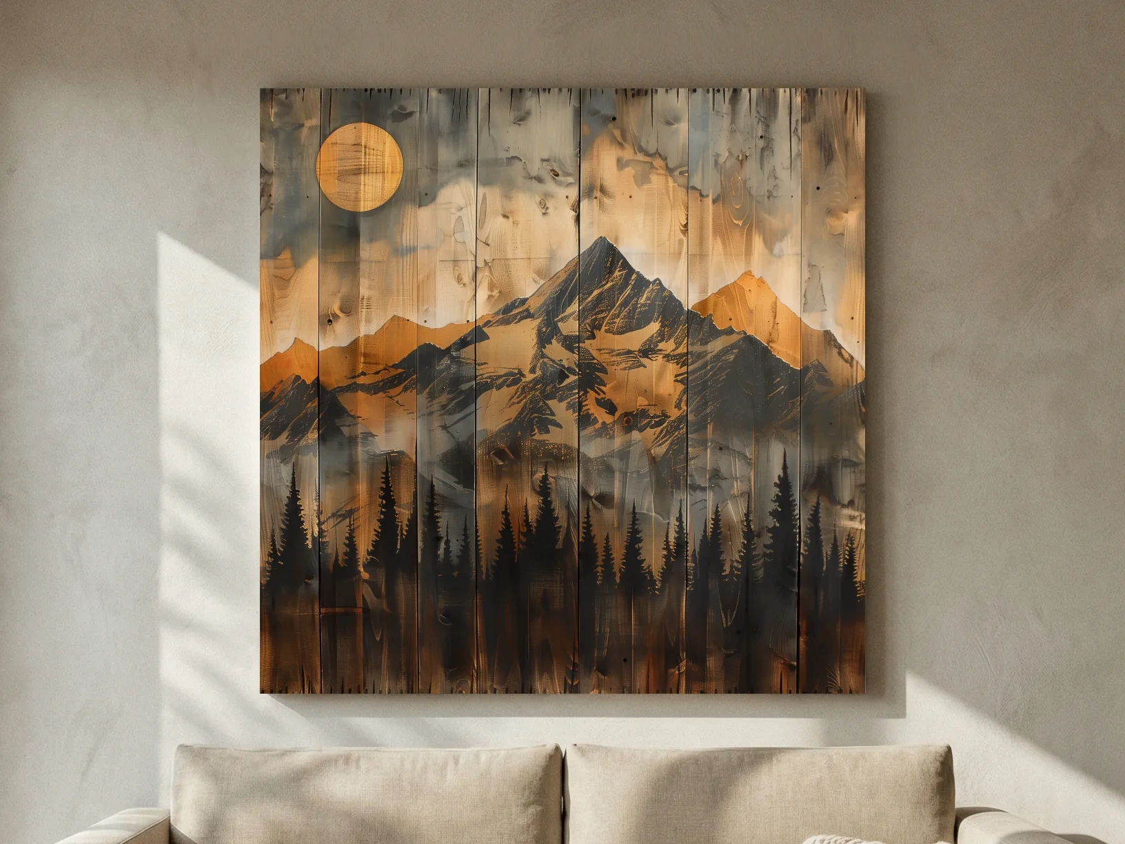 Rustic Woodgrain Mountain Sunset Artwork - Vintage Pine Forest Wall Art