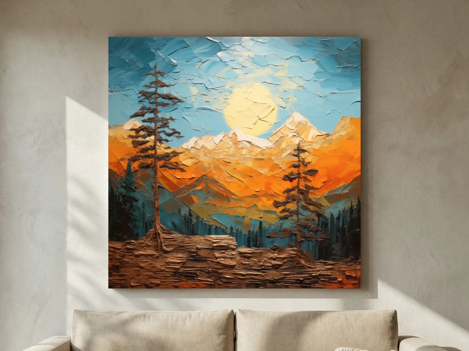 Textured Impasto Mountain Sunrise Landscape - Bold Alpine Wall Art