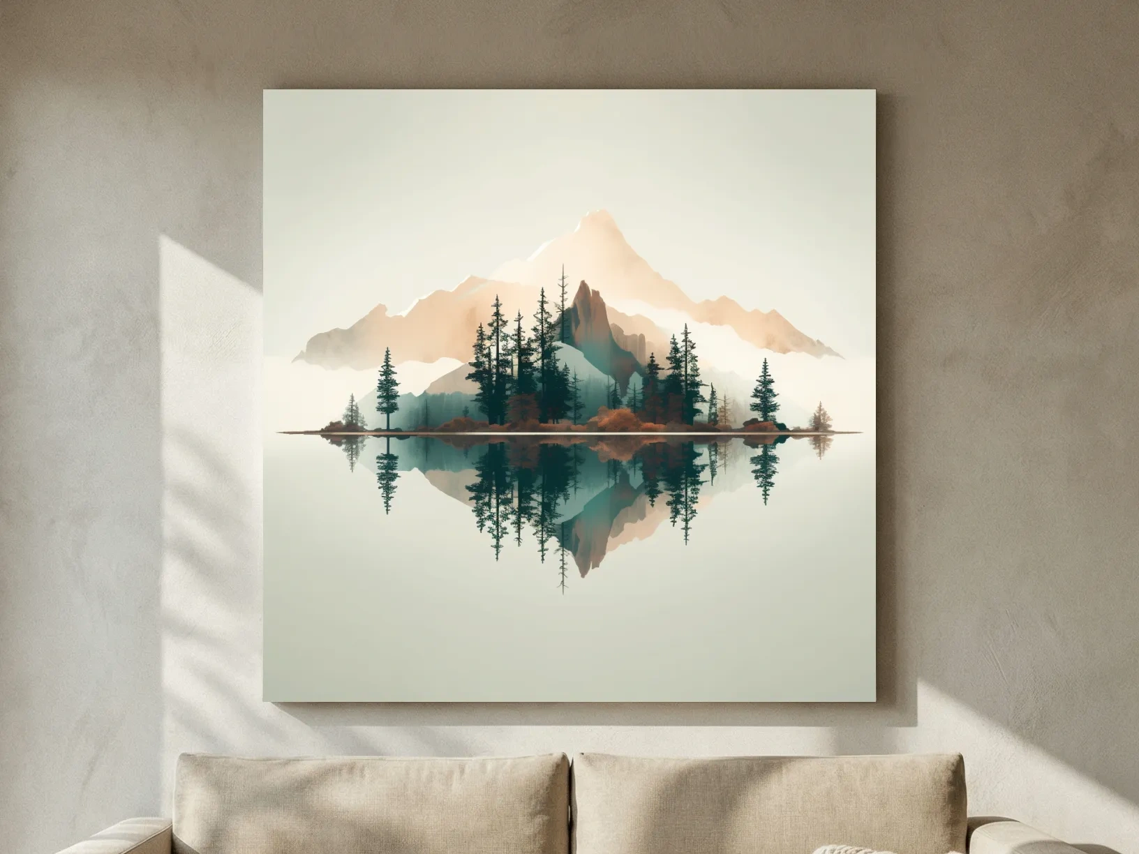 Minimalist Watercolor Mountain Lake Reflection - Serene Pine Forest Landscape Wall Art