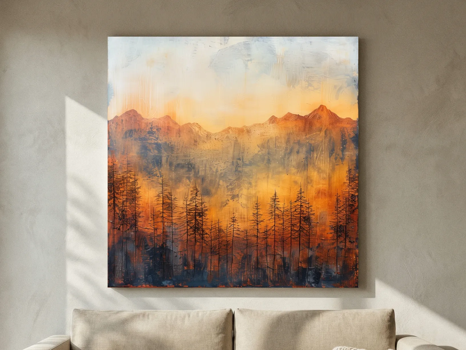 Moody Abstract Mountain Sunrise With Silhouetted Pine Forest - Textured Landscape Painting
