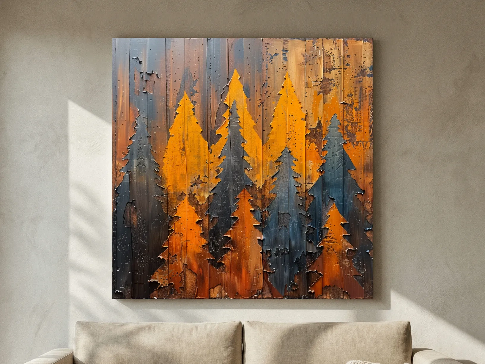 Autumn Pine Forest Silhouettes - Rustic Painted Wood Wall Art