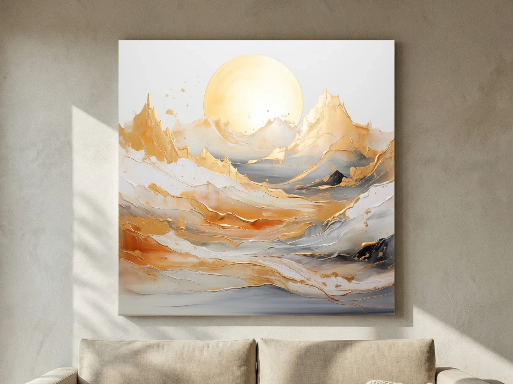 Gold Leaf Abstract Mountains Painting - Minimalist Sunrise Landscape Wall Art