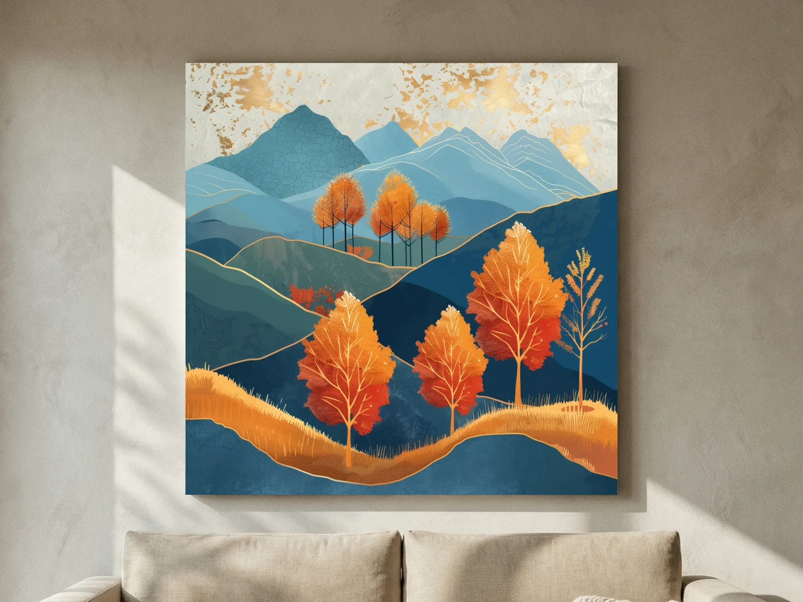 Autumn Aspen Trees In Layered Blue Mountains - Modern Gold Leaf Style Wall Art
