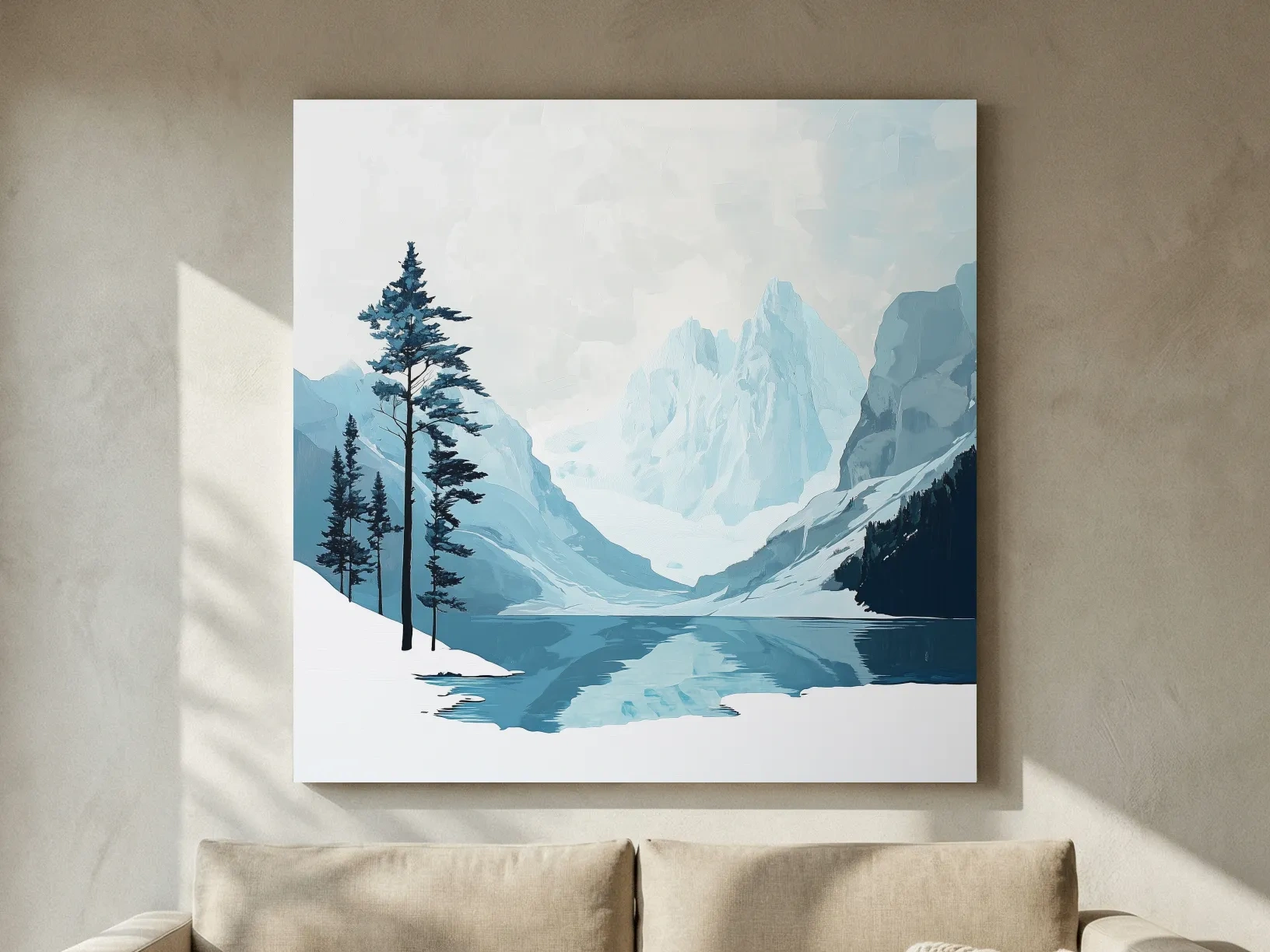 Minimalist Icy Mountain Lake - Scandinavian Winter Landscape Artwork