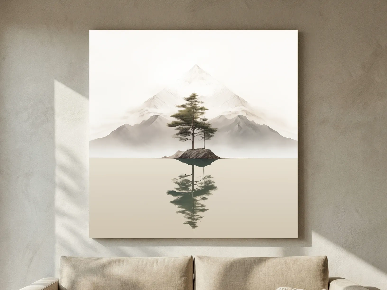 Minimalist Misty Lake Landscape Artwork - Serene Zen Pine Tree Reflection Art