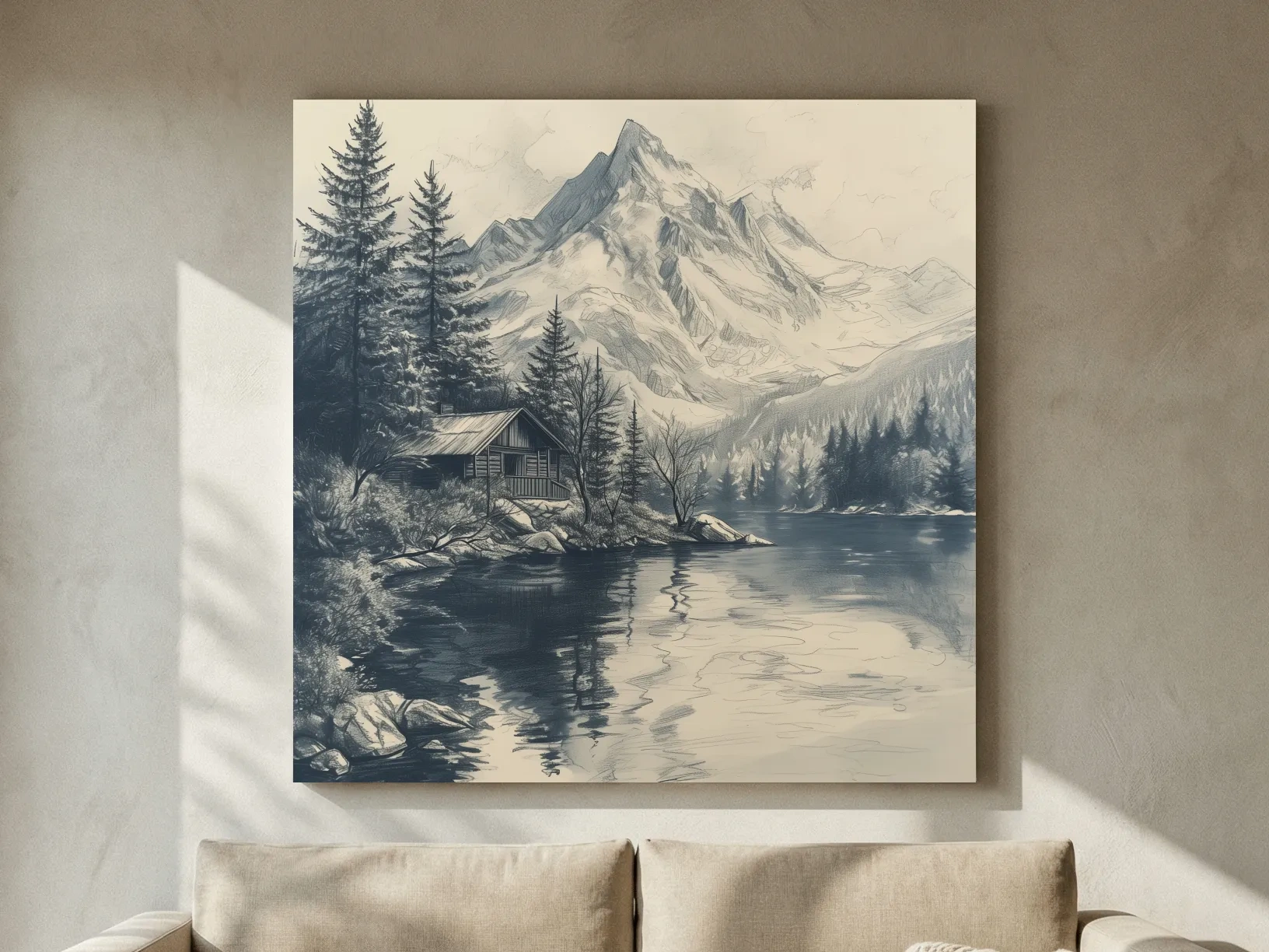 Vintage Alpine Cabin By Mountain Lake - Monochrome Pencil Sketch Landscape Wall Art