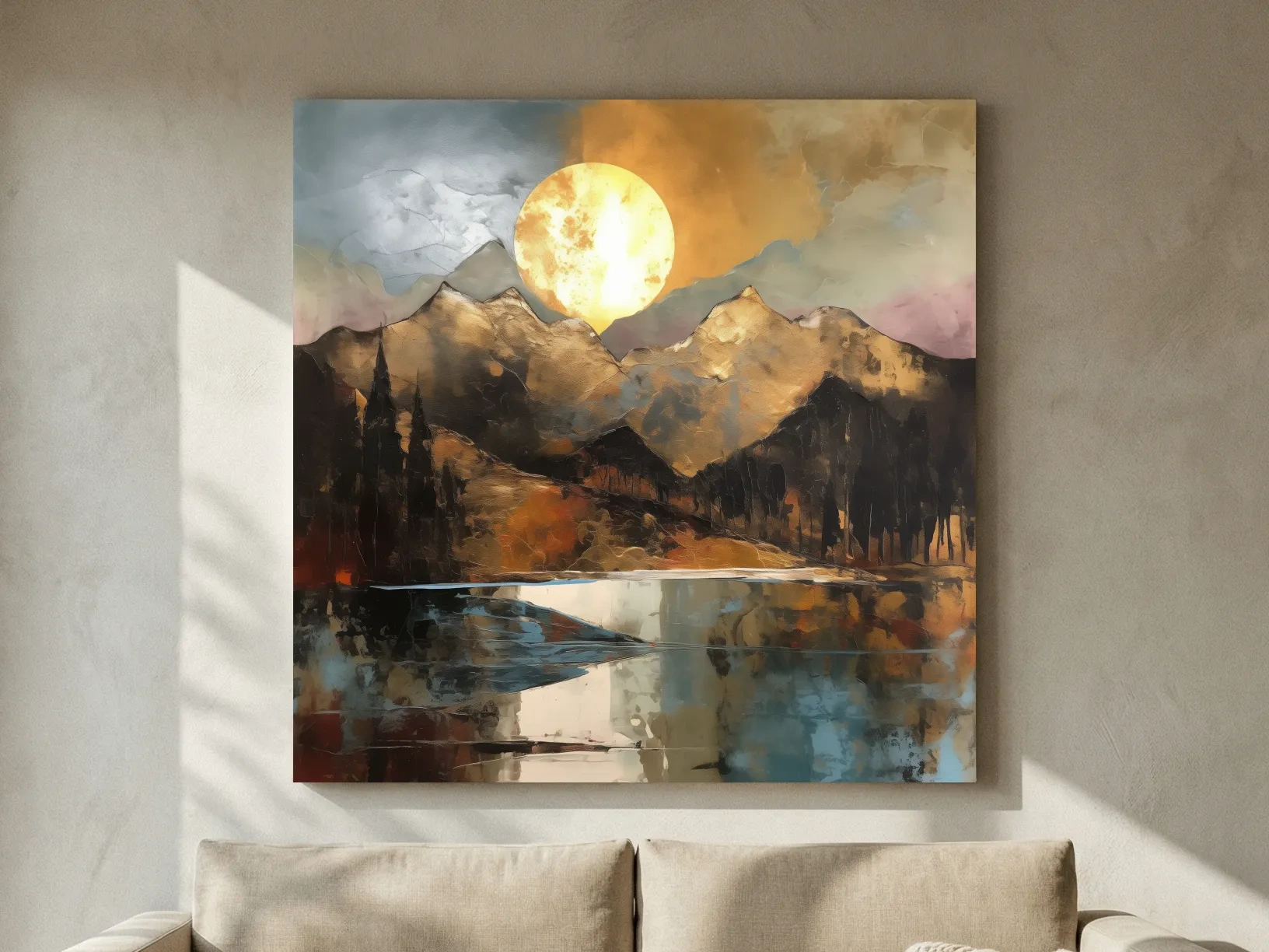 Alpine Mountain Lake Sunset Painting - Golf Leaf Style Wall Art