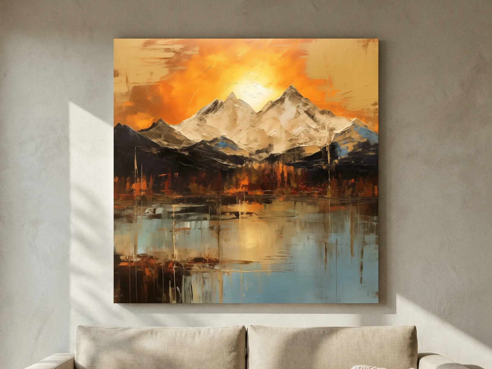 Abstract Mountain Lake Sunset - Textured Effect Alpine Wall Art