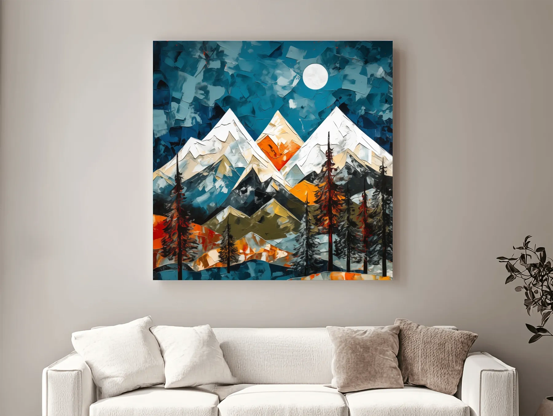 Abstract Impasto Style Mountain Nightscape - Moonlit Alpine Landscape Wall Art