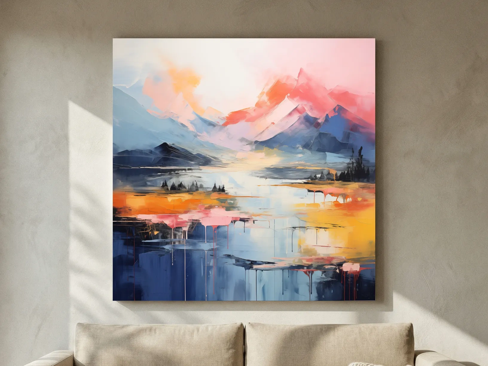 Vibrant Abstract Mountain Lake Sunset Painting - Colorful Modern Landscape Wall Art