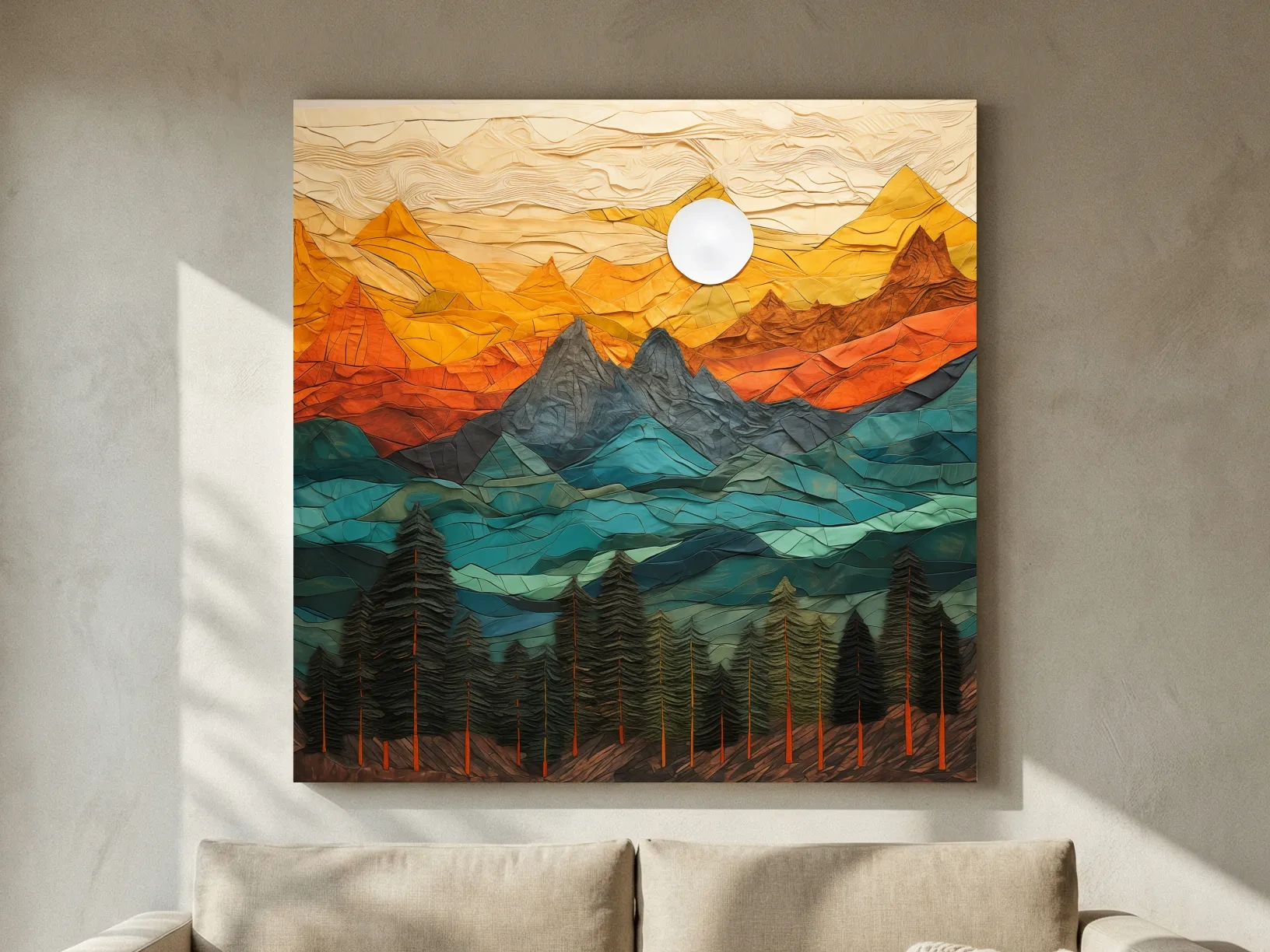 Layered Paper Cut Style Mountain Sunset - Colorful Abstract Forest Landscape Wall Art