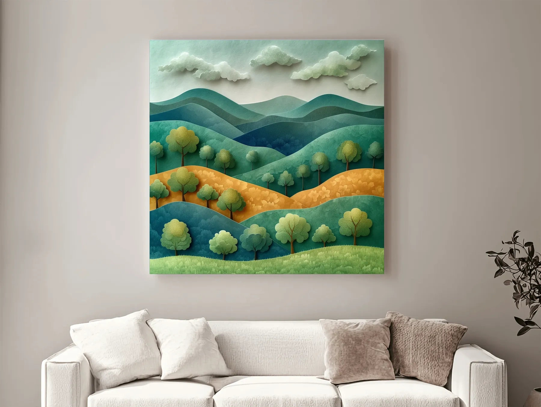 Whimsical Paper Cut Forest Hillscape - Layered 3D Mountains Landscape Wall Art