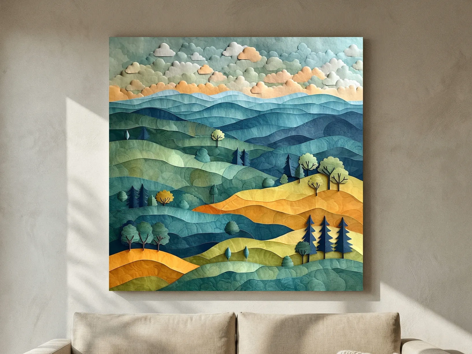 Layered Paper Cut Mountain Landscape - Mixed Media Forest Wall Art