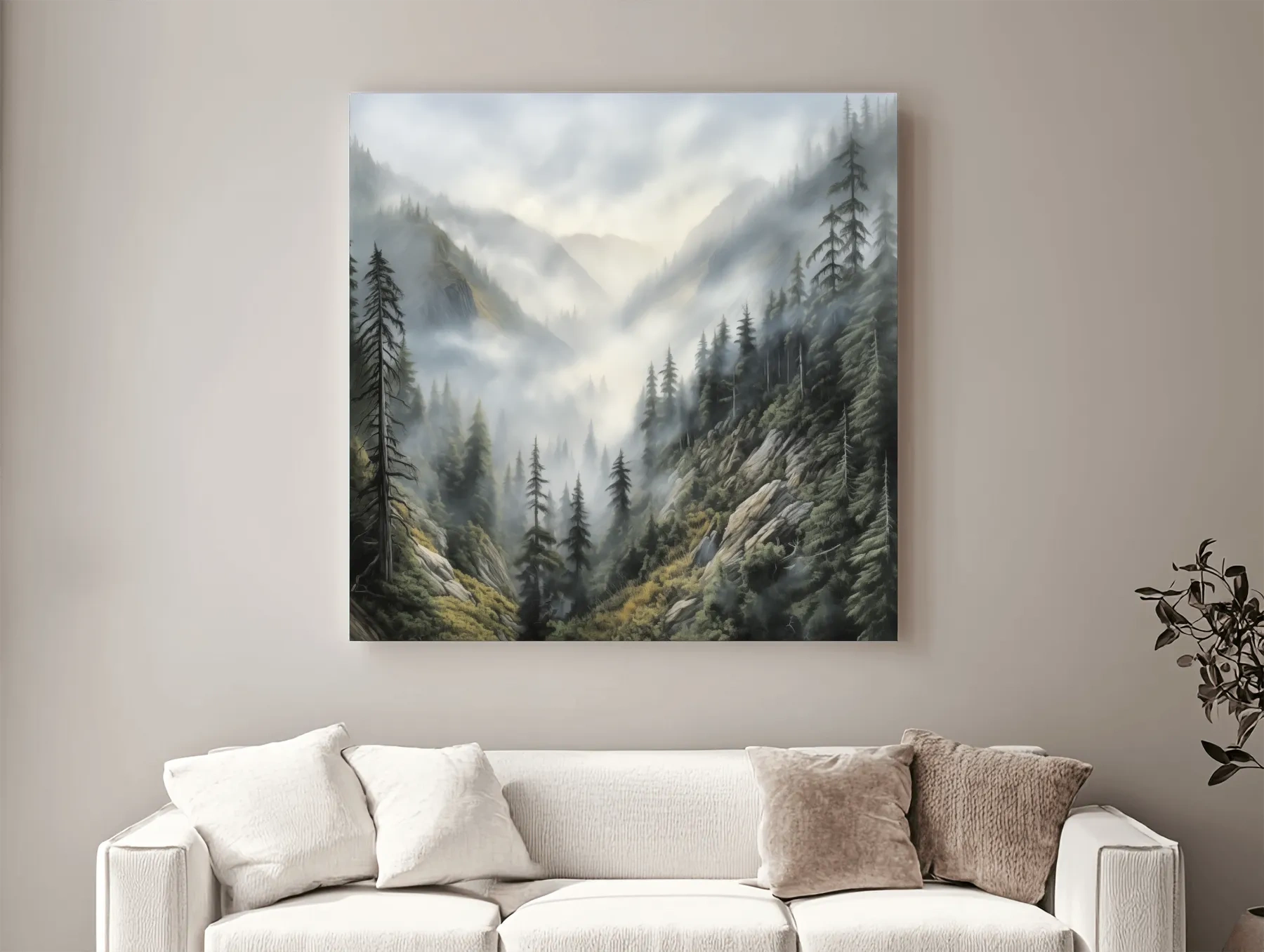 Misty Mountain Valley Pine Forest Painting - Foggy Alpine Landscape Wall Art