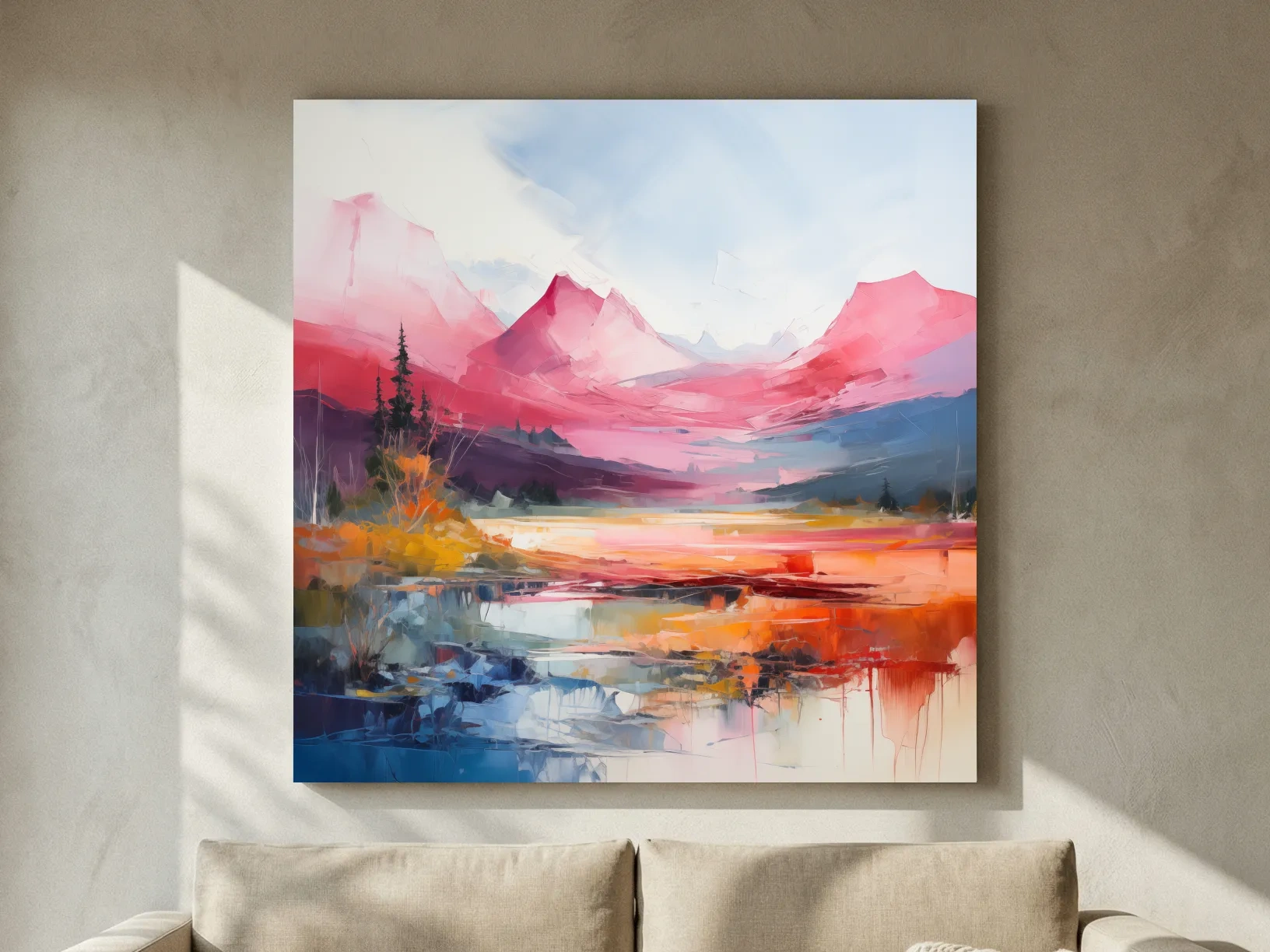 Vibrant Abstract Impressionist Alpine Lake Sunset Painting - Colorful Mountain Wall Art