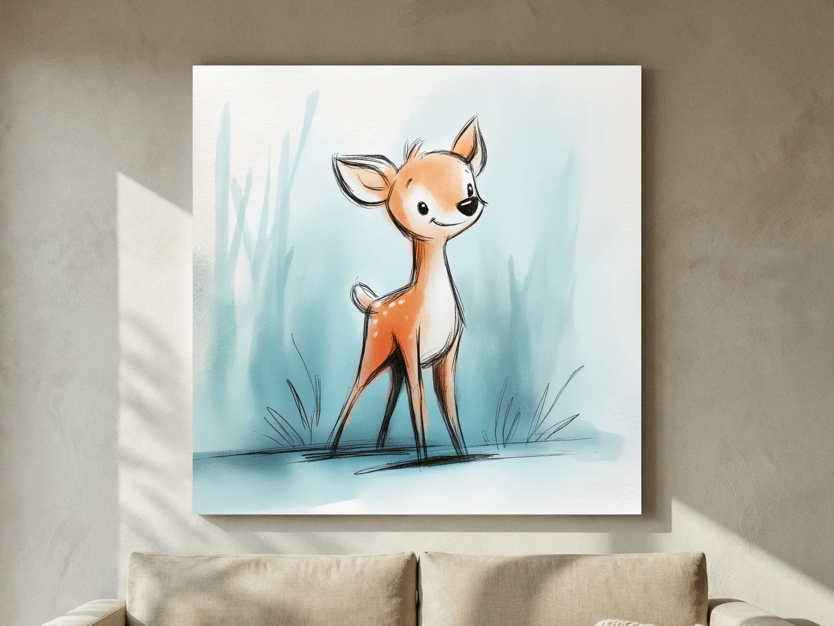 Cute Baby Deer Watercolor Illustration - Whimsical Woodland Nursery Wall Art