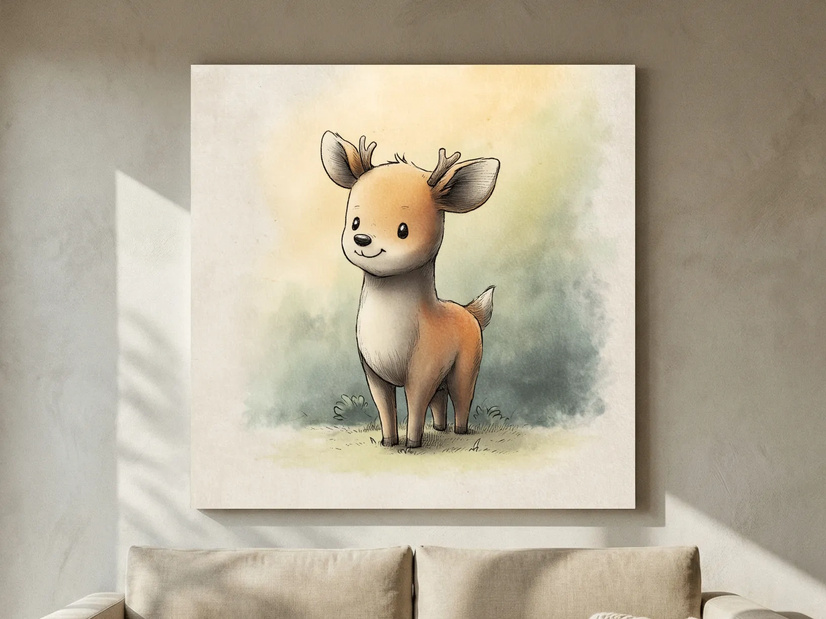 Cute Baby Deer Watercolor Illustration - Whimsical Woodland Nursery Wall Art