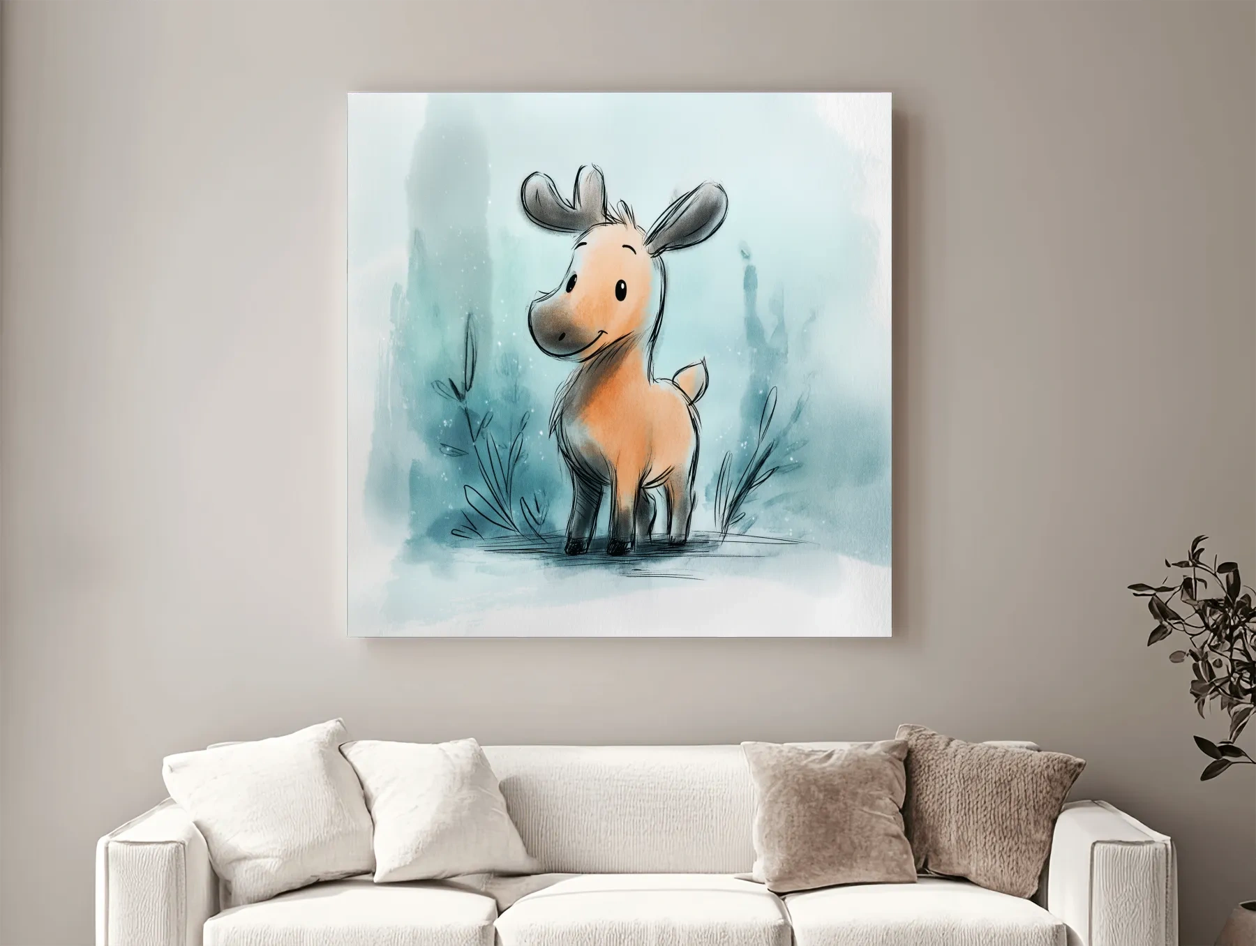 Cute Baby Moose Watercolor Illustration - Whimsical Nursery Wildlife Wall Art
