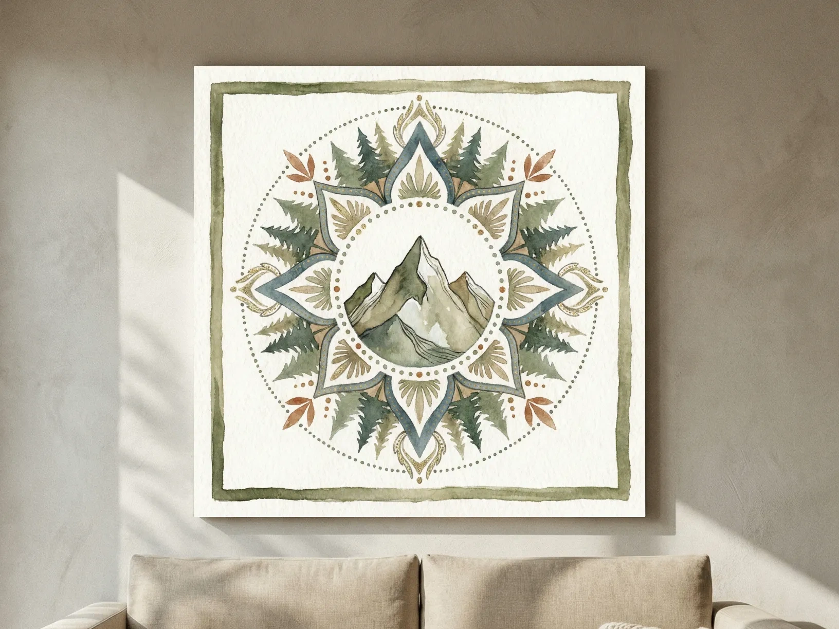Mountain Mandala Watercolor - Boho Botanical Nature Wall Art