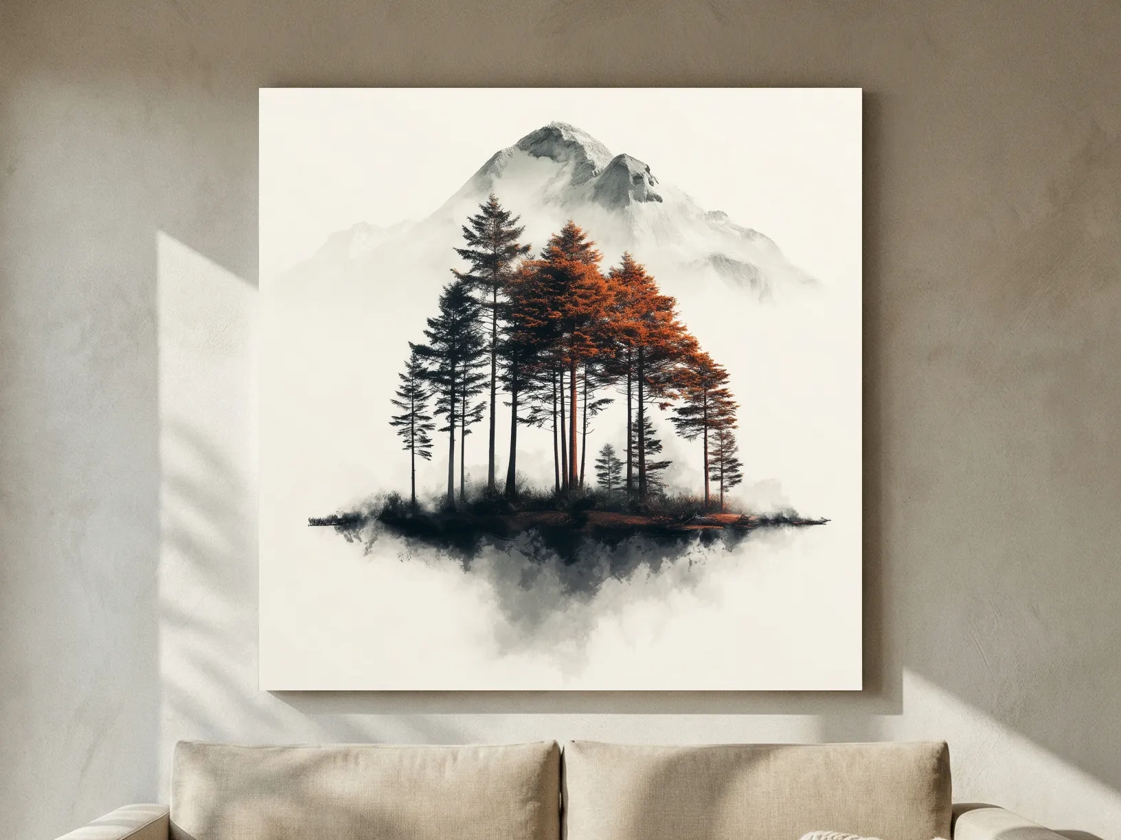 Misty Mountain Pine Forest Watercolor - Autumn Landscape Wall Art