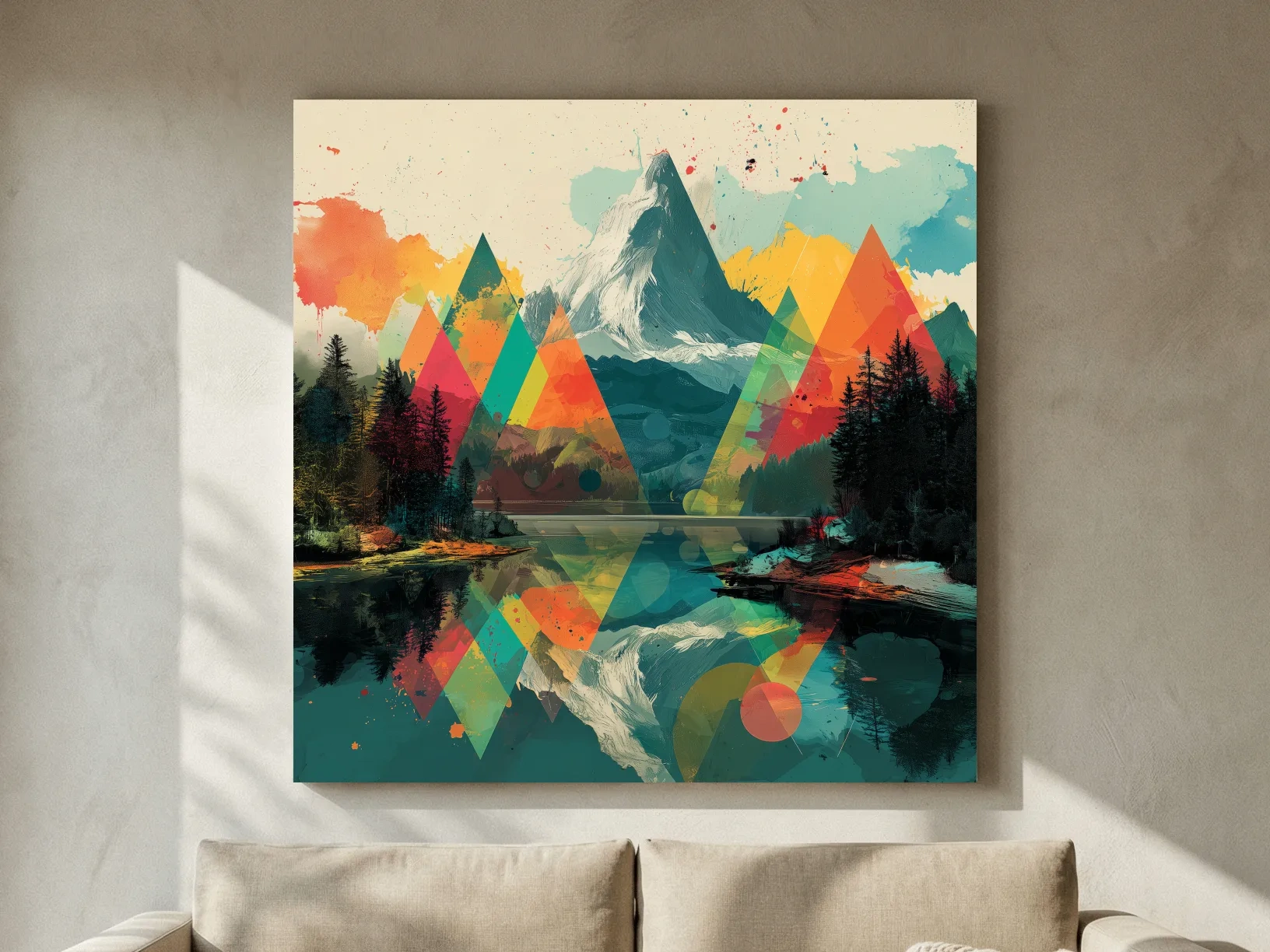 Vibrant Abstract Mountain Lake Collage Art - Colorful Alpine Wall Art