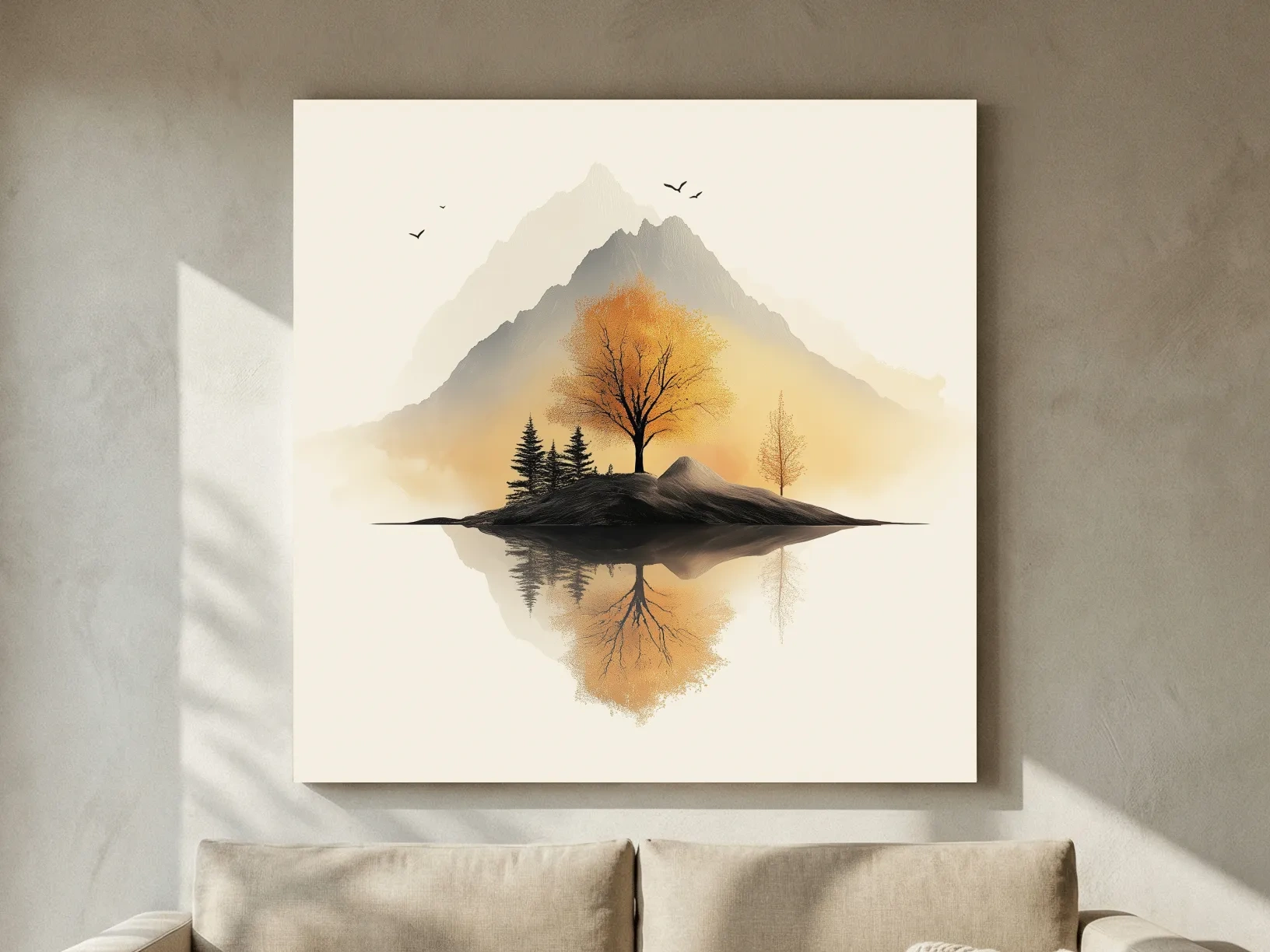 Minimalist Misty Mountain Lake Illustration - Serene Autumn Tree Landscape Wall Art