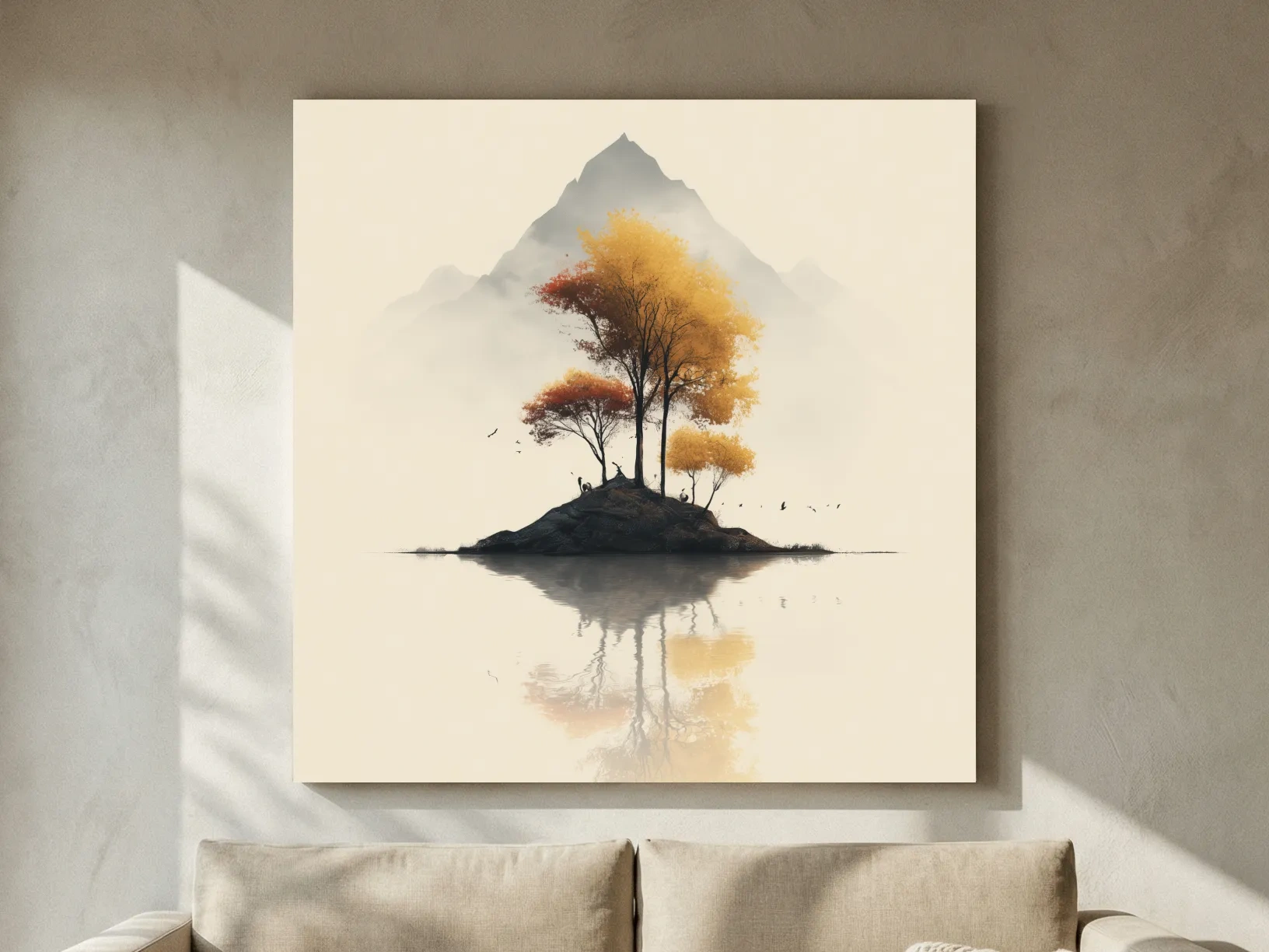 Minimalist Autumn Trees On Misty Lake Island - Serene Mountain Landscape Wall Art