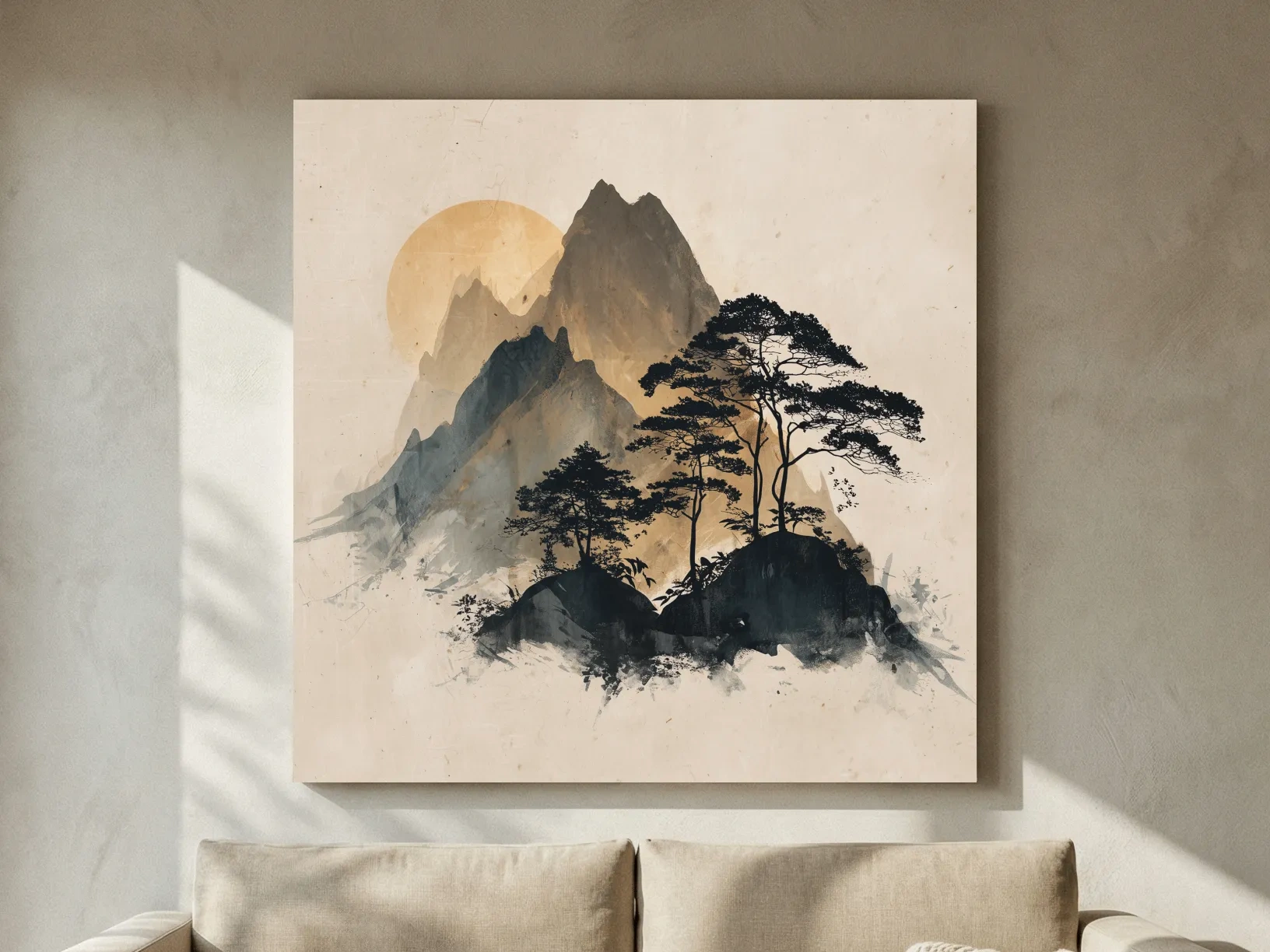 Zen Ink Wash Mountain Sunrise - Minimalist Japanese Pine Landscape Wall Art
