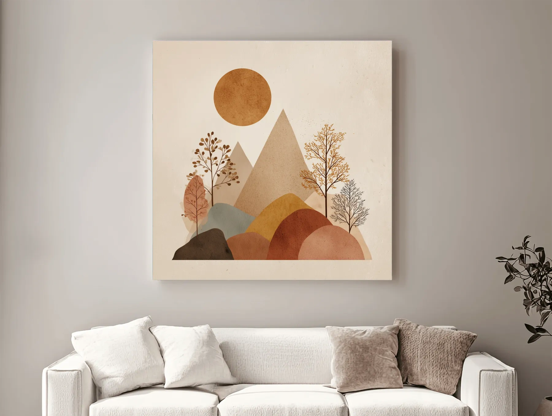 Minimalist Scandi Mountain Sunset Landscape - Boho Neutral Earth Tone Wall Art