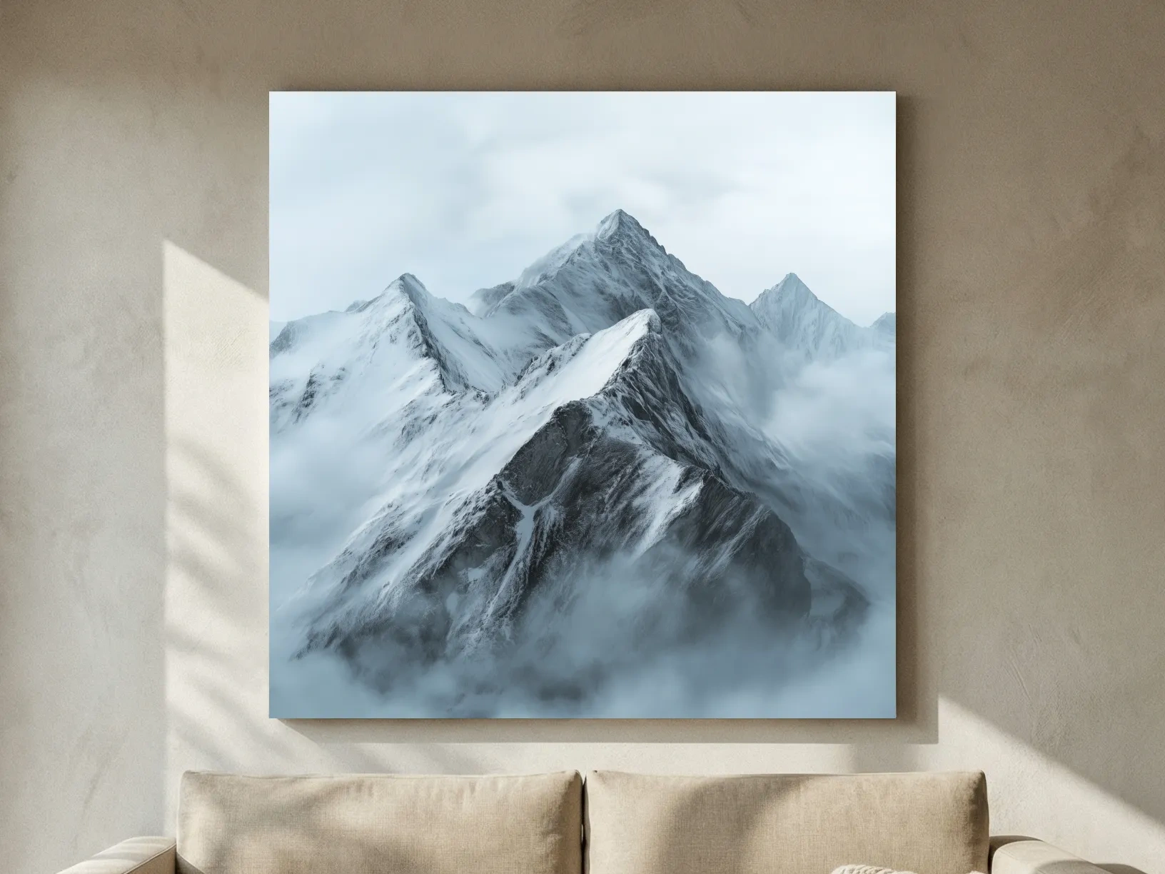Misty Snowcapped Alpine Peak Landscape - Monochrome Photographic Mountain Wall Art